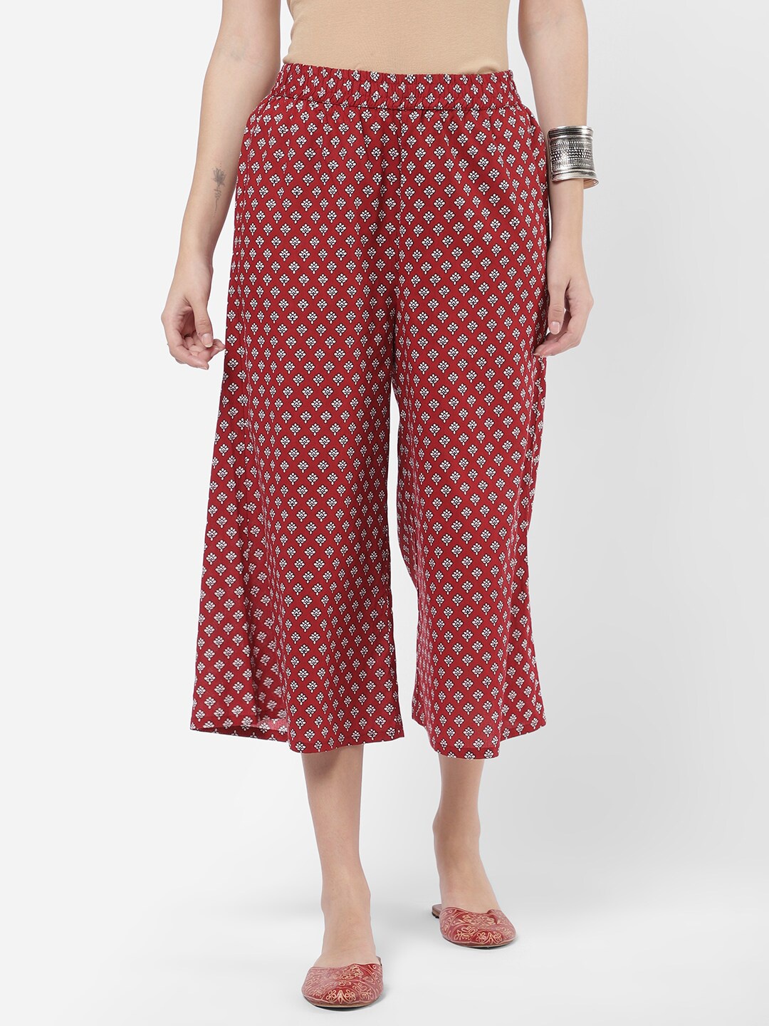

R&B Women Maroon & White Floral Printed Cropped Palazzos