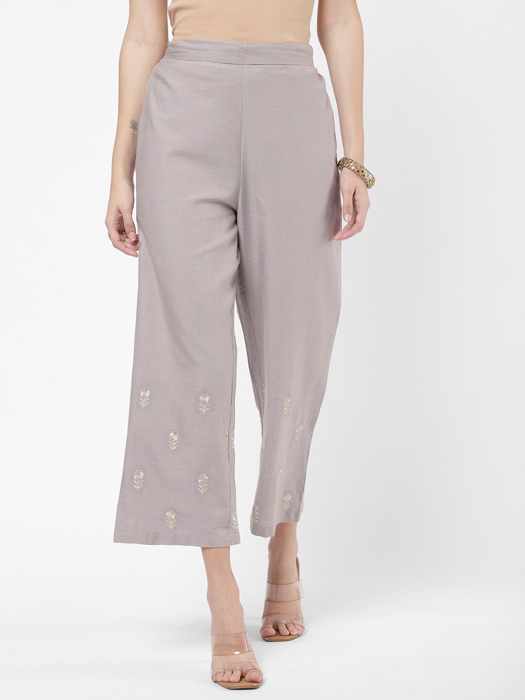 

R&B Women Grey Floral Embroidered Cropped Palazzos