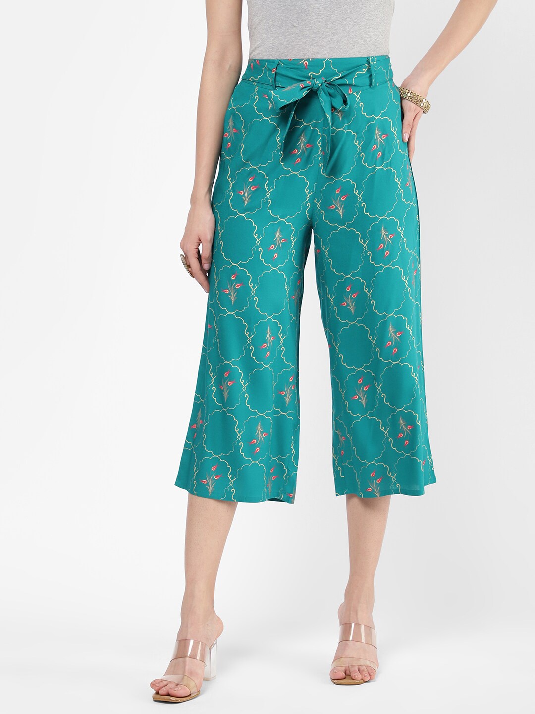 

R&B Women Green & Pink Floral Printed Cropped Palazzos