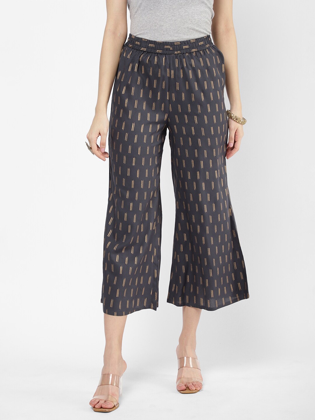 

R&B Women Grey & Gold-Toned Printed Cropped Palazzos