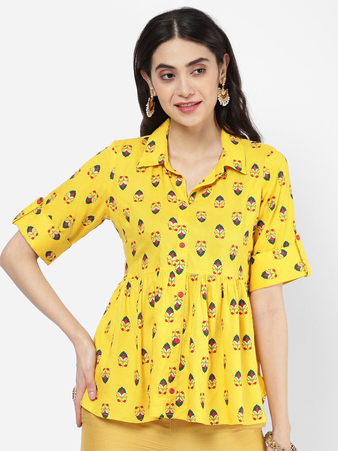 

R&B Women Yellow & Green Printed Cotton Shirt Collar Tunic