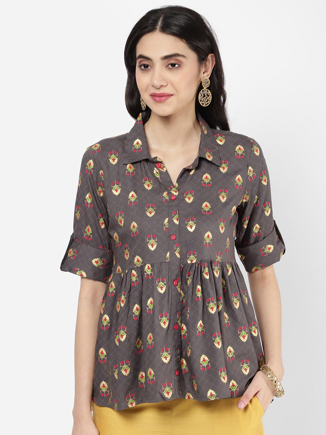 

R&B Women Brown & Green Printed Cotton Shirt Collar Tunic