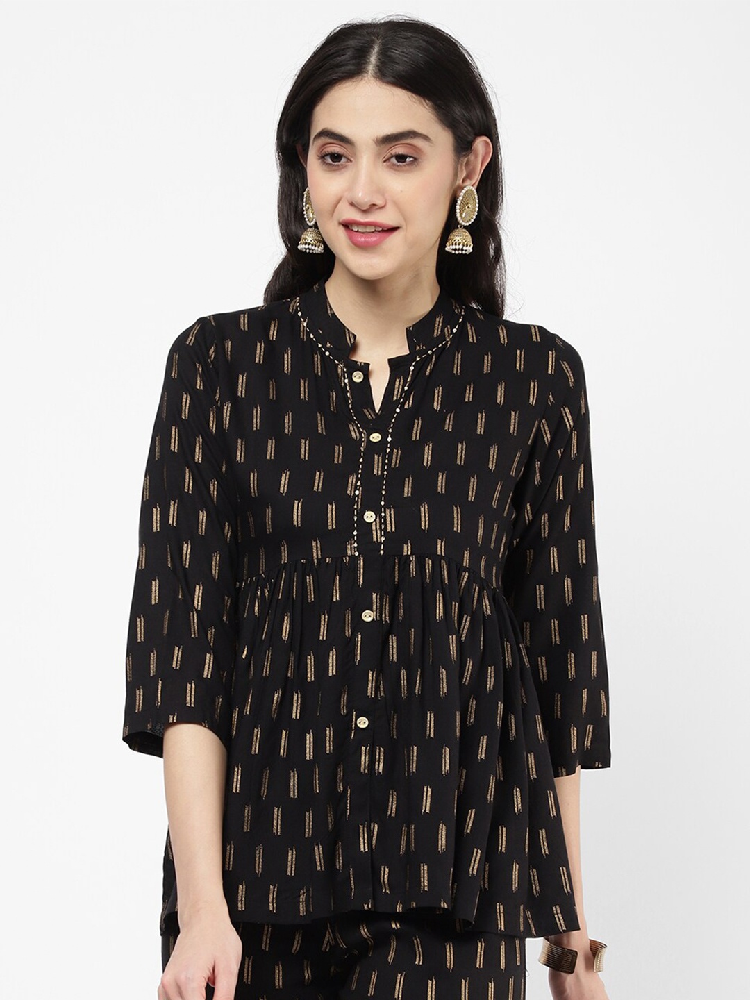 

R&B Black & Gold-Toned Mandarin Collar Printed Tunic