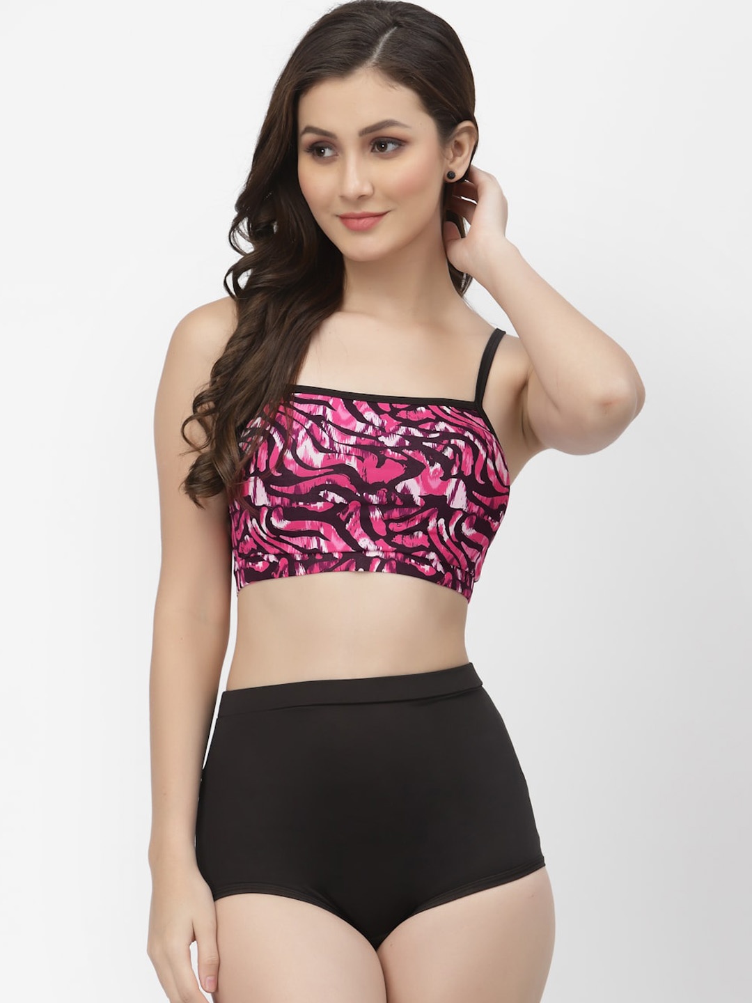 CUKOO Women Pink & Black Printed Two piece Tankini Swimwear