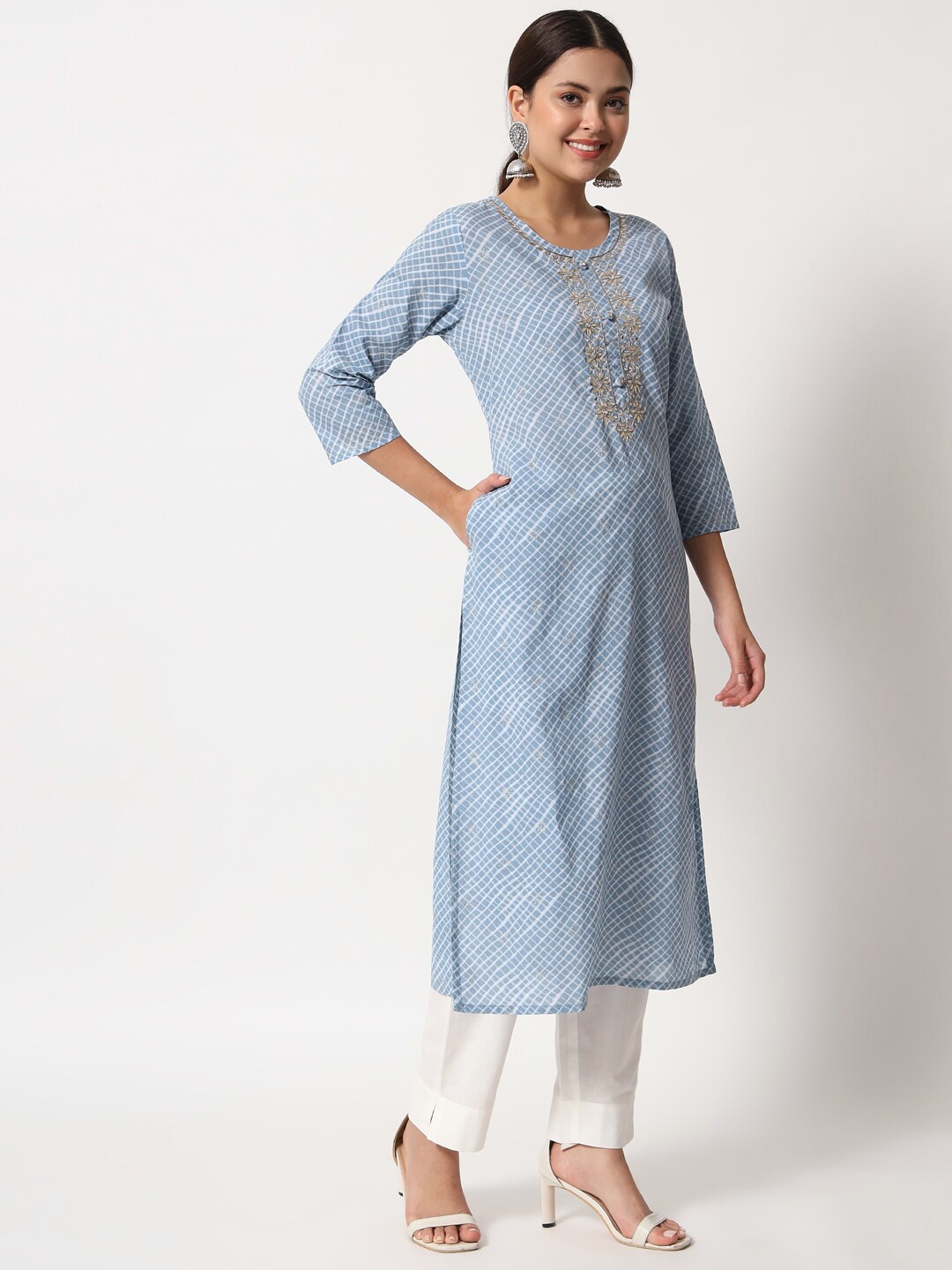

FIORRA Women Blue Printed Thread Work Pure Cotton Kurta with Trousers