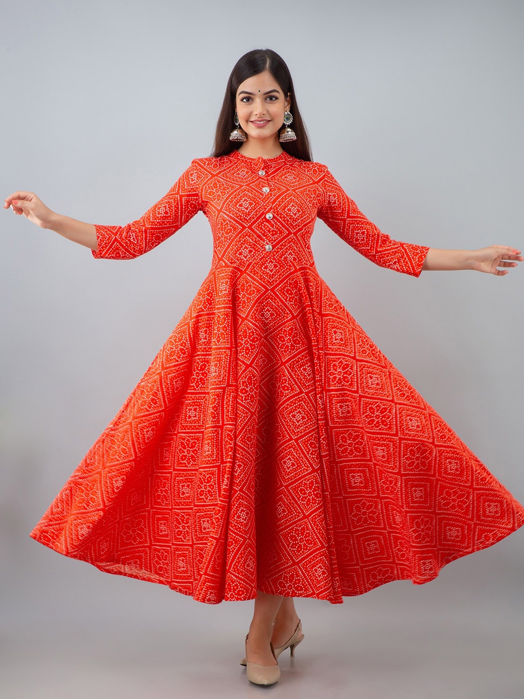 

Women Touch Ethnic Motifs Printed Floral Anarkali Empire Cotton Kurta, Orange