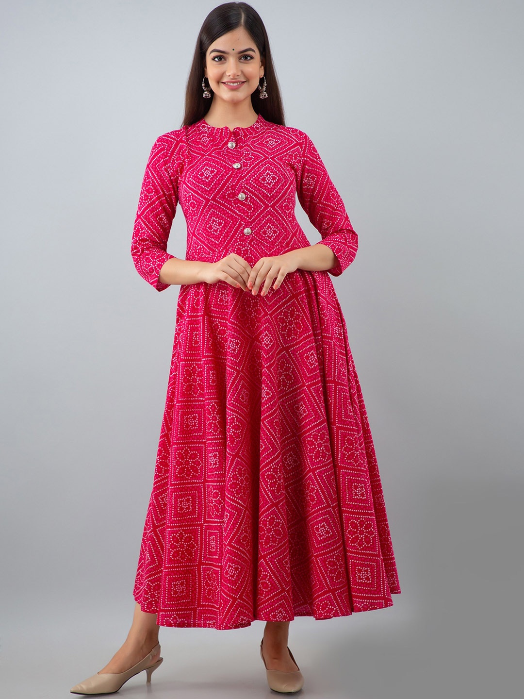 

Women Touch Mandarin Collar Ethnic Motifs Printed Cotton Anarkali Kurta, Pink