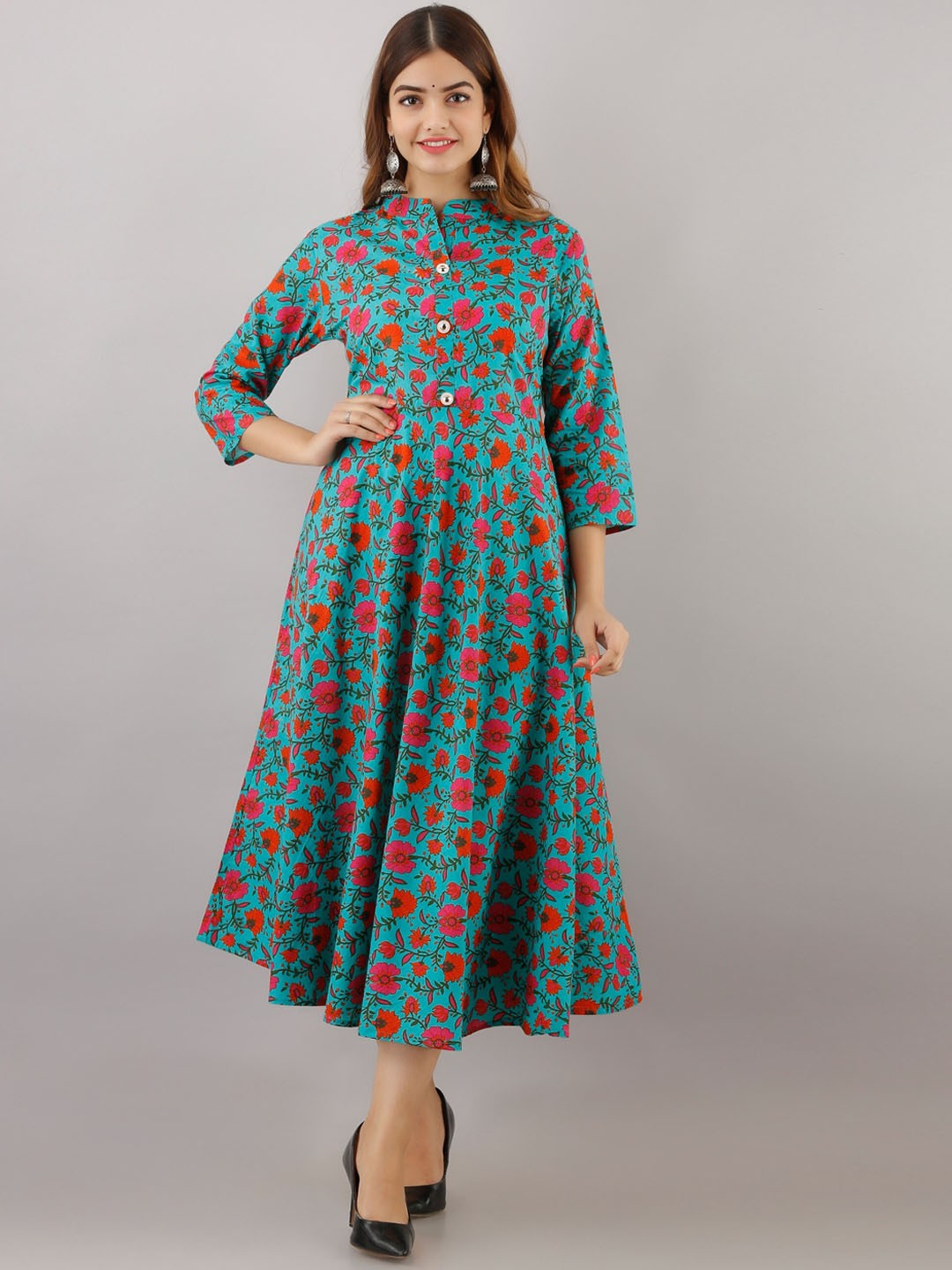 

Women Touch Mandarin Collar Floral Printed Anarkali Pure Cotton Kurta, Turquoise blue