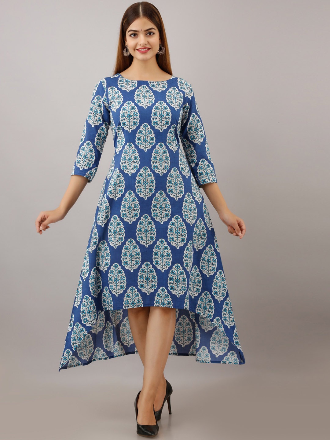 

Women Touch Ethnic Motifs Printed Pure Cotton Flared Kurta, Blue