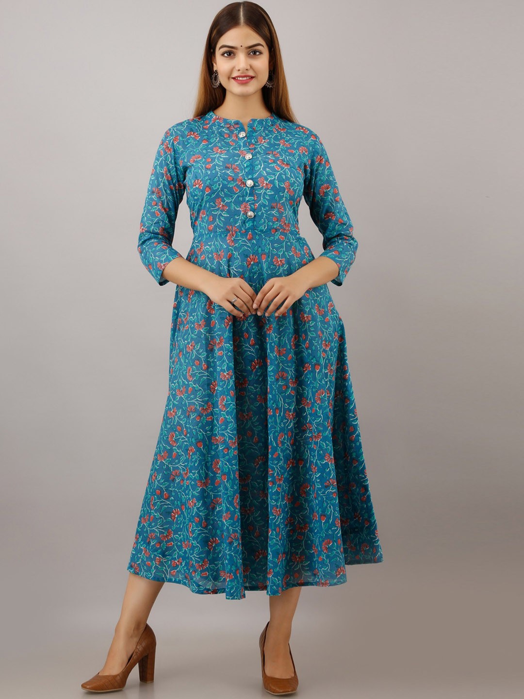

Women Touch Mandarin Collar Floral Printed Anarkali Cotton Kurta, Blue