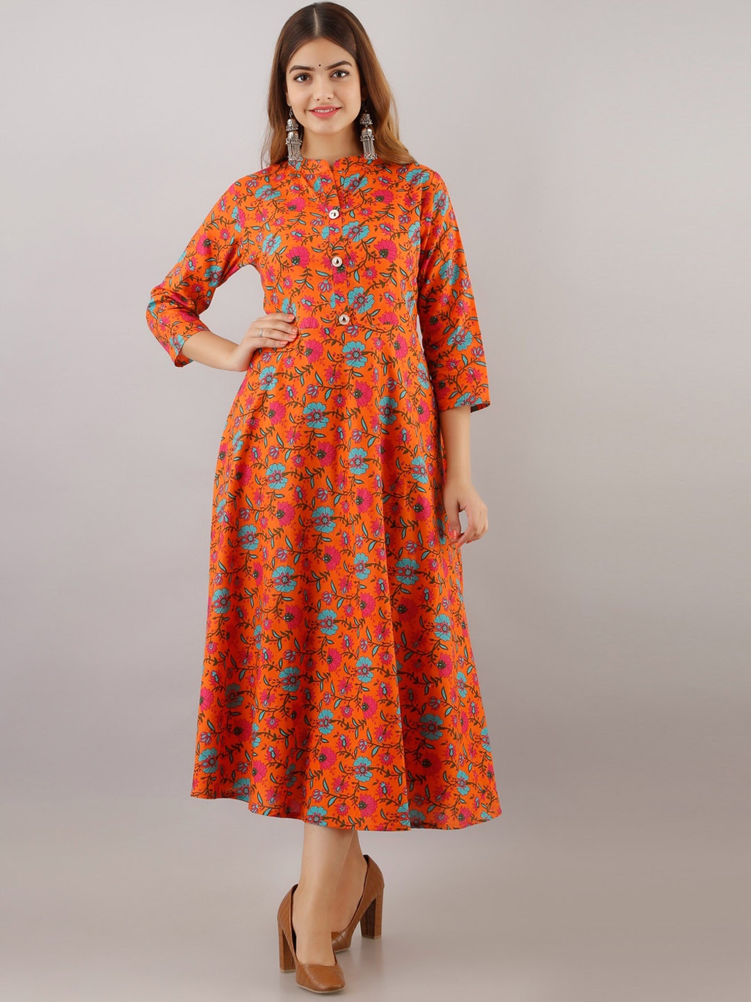 

Women Touch Floral Printed Cotton Anarkali Regular Kurta, Orange