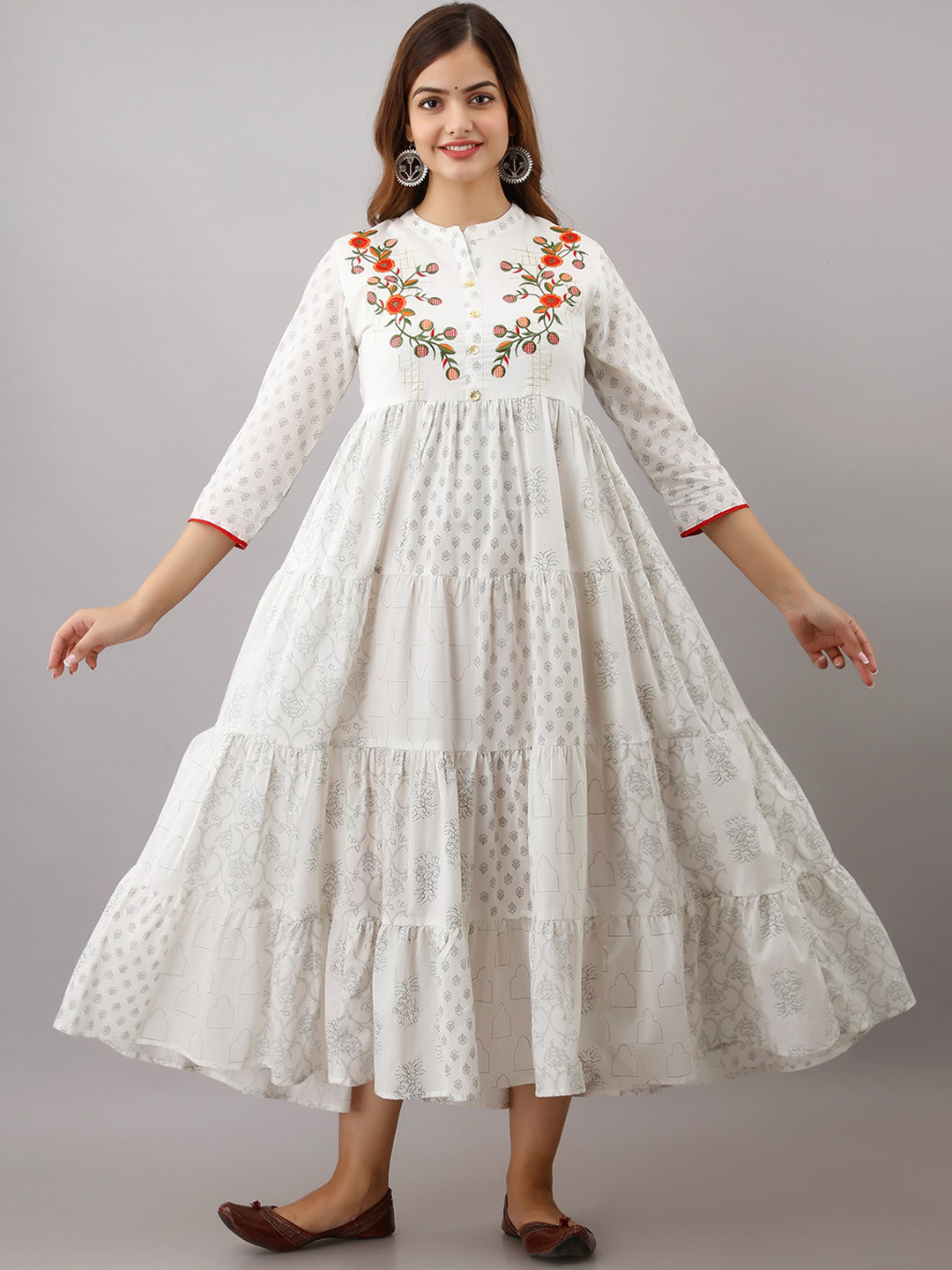 

Women Touch Floral Printed Anarkali Panelled Cotton Kurta, White