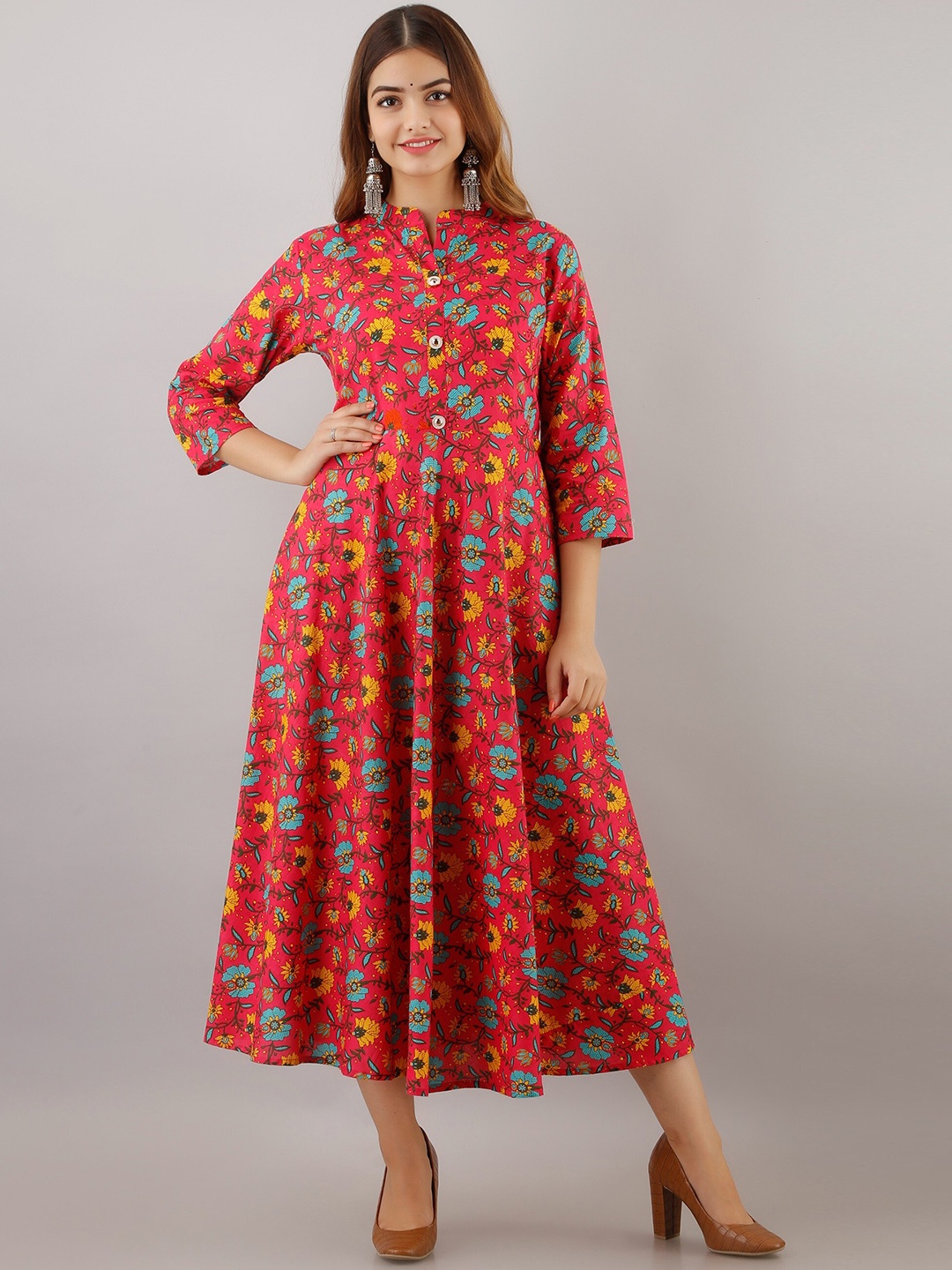 Women Touch Floral Printed Cotton Anarkali Regular Kurta, Red