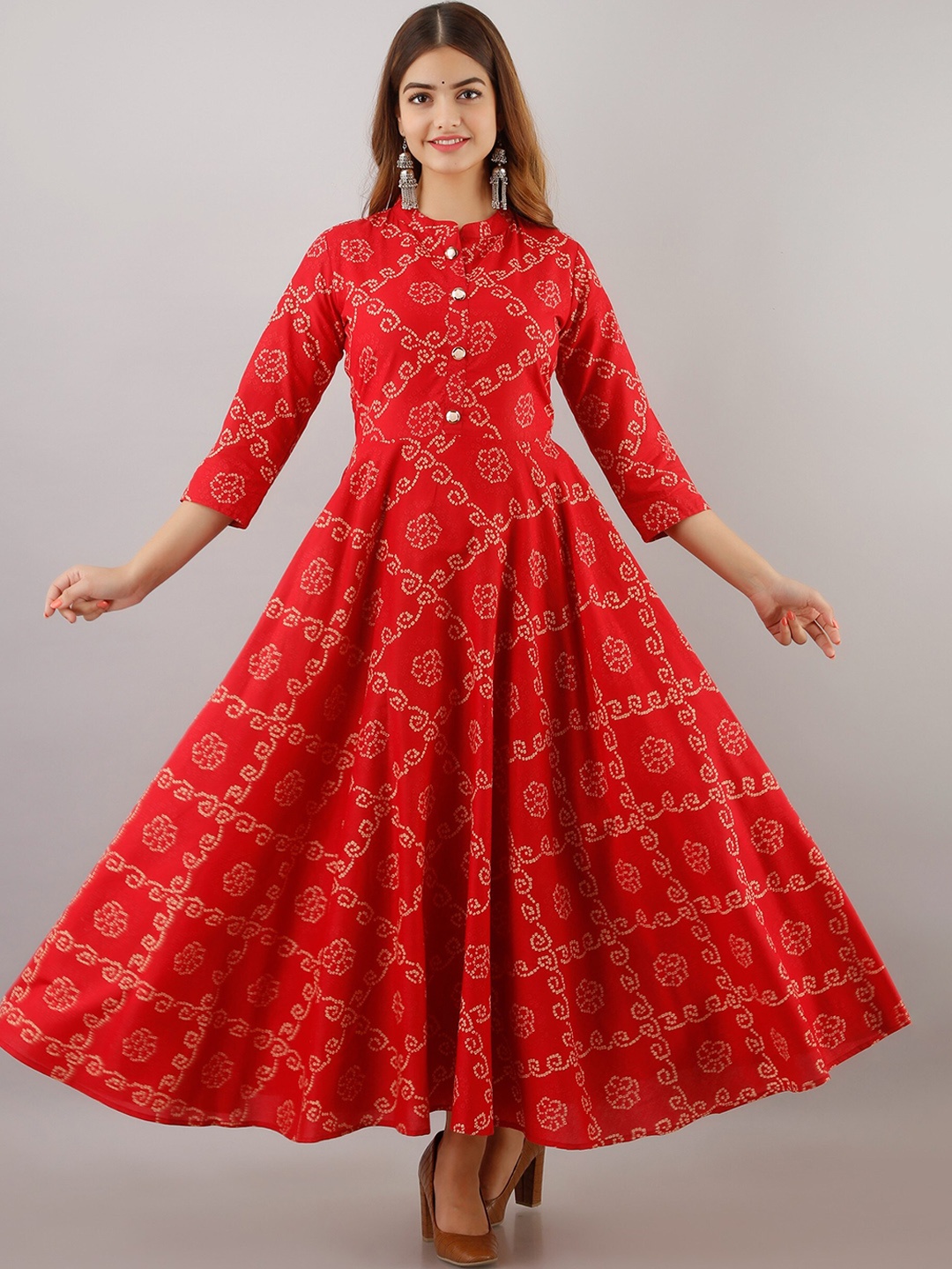 

Women Touch Bandhani Printed Anarkali Empire Cotton Kurta, Red
