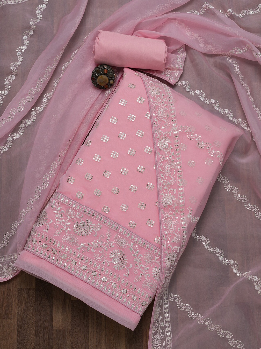 

Koskii Pink & Silver-Toned Embroidered Unstitched Dress Material