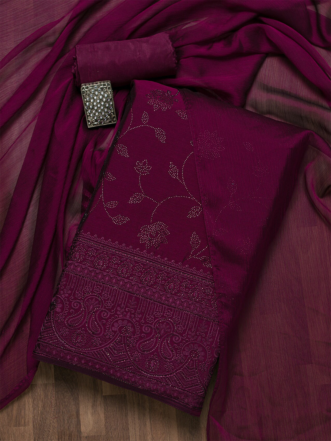 

Koskii Maroon Embroidered Unstitched Dress Material