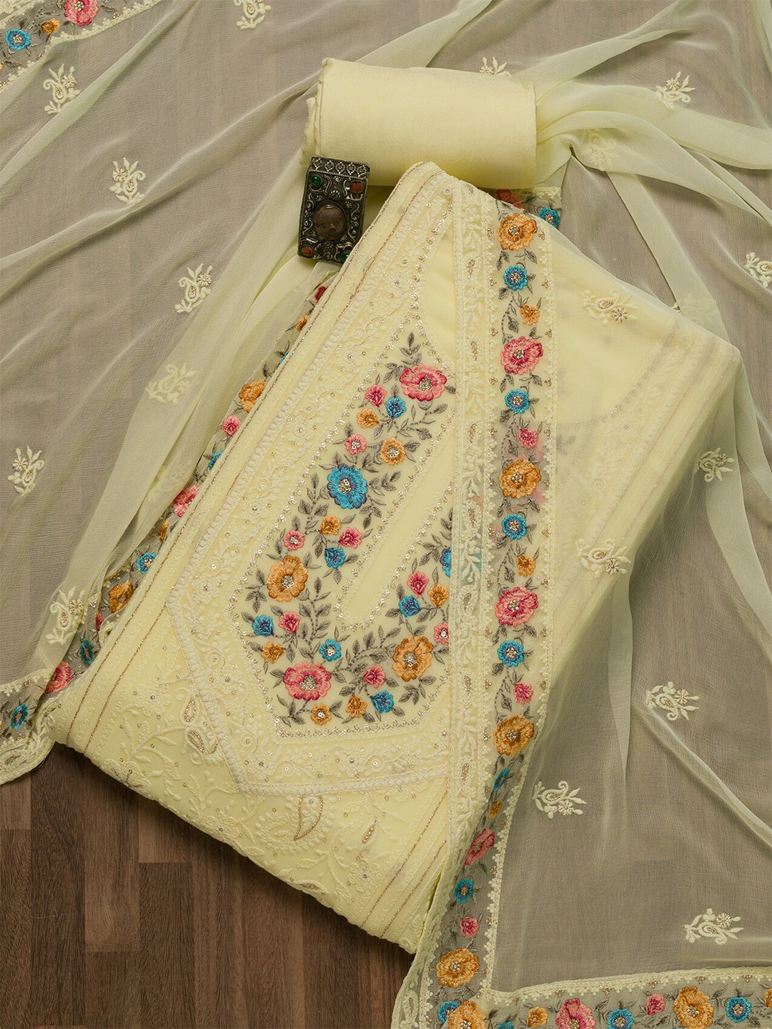 Koskii Yellow & Blue Embroidered Semi-Stitched Dress Material