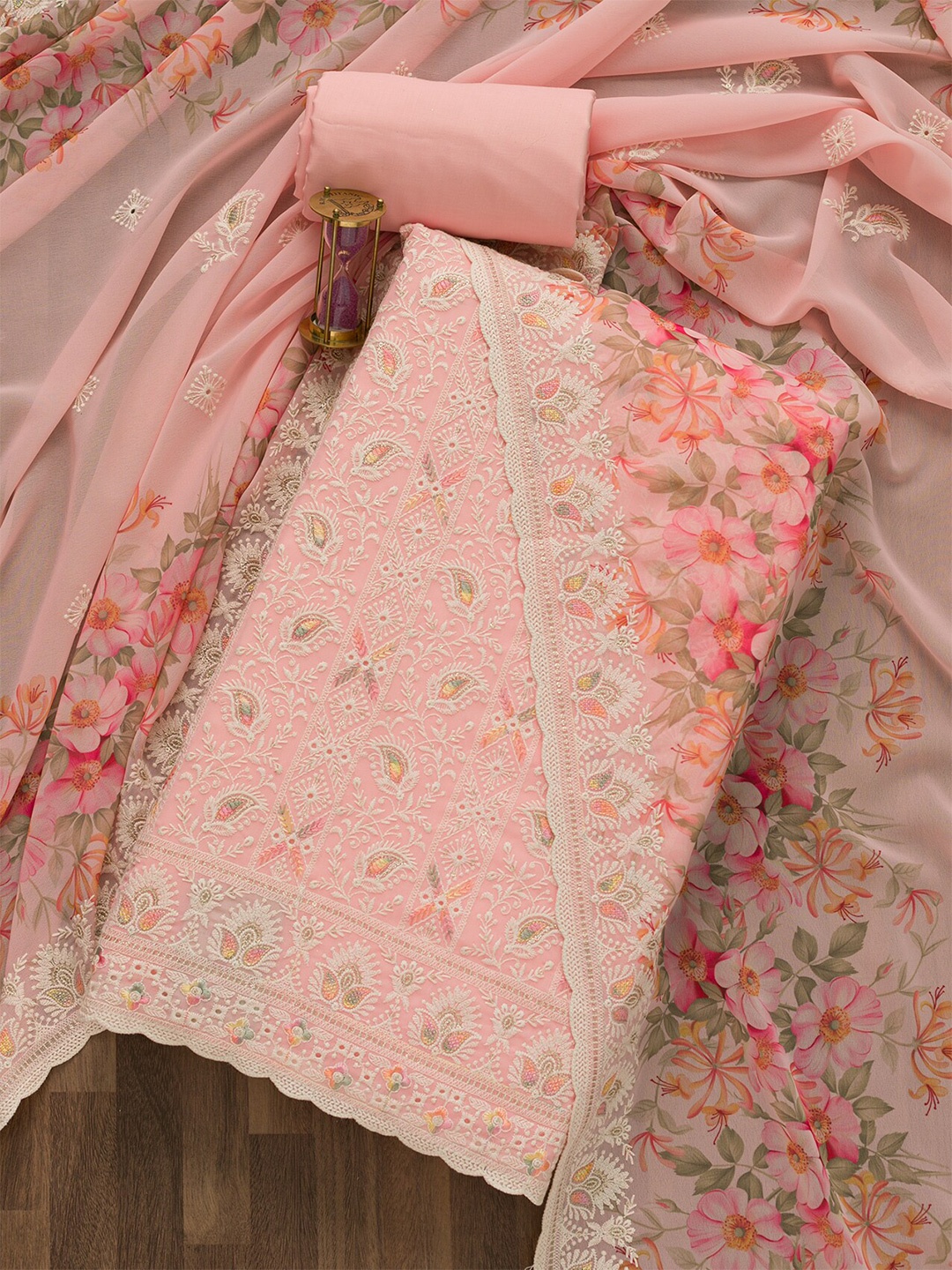 Koskii Pink & White Embroidered Unstitched Dress Material