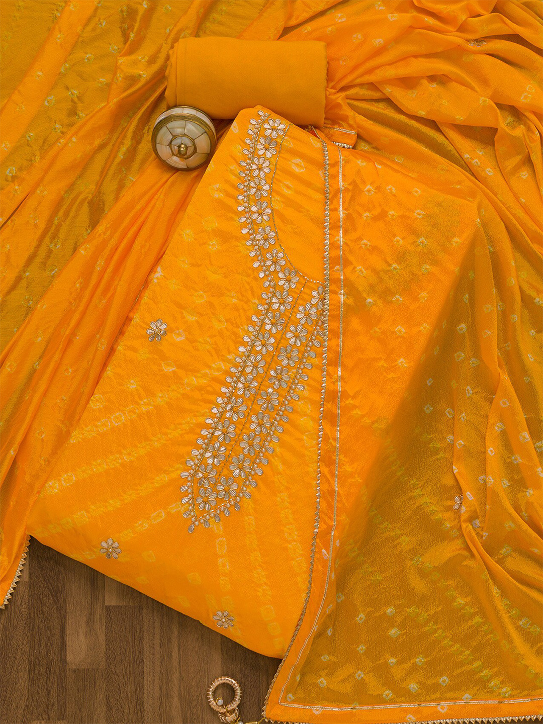 

Koskii Yellow & Gold-Toned Embroidered Unstitched Dress Material