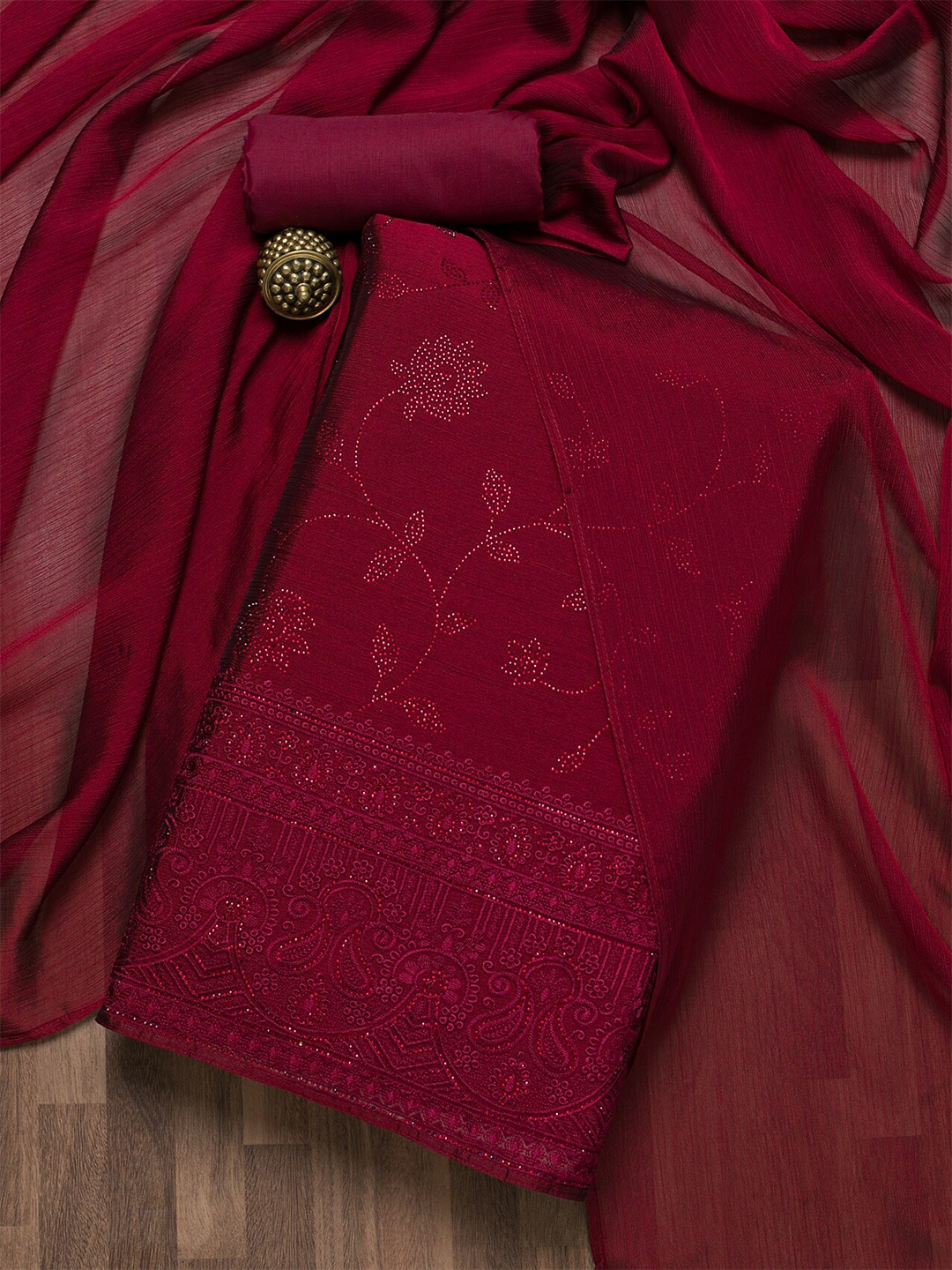 

Koskii Maroon Embroidered Unstitched Dress Material