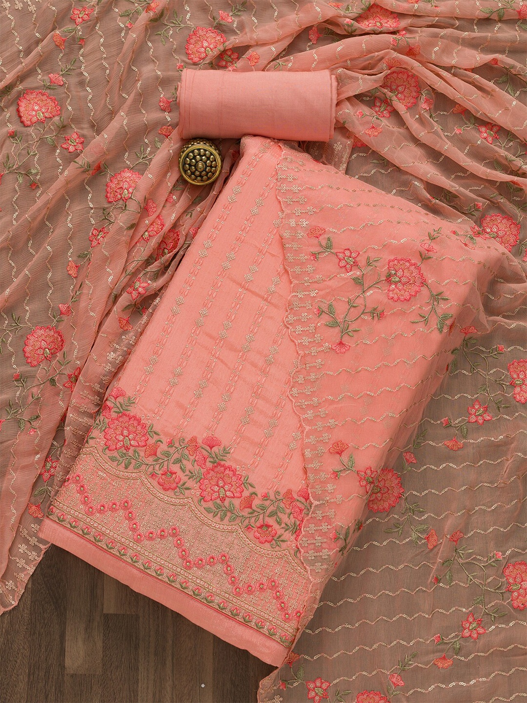 

Koskii Peach-Coloured & Green Embroidered Unstitched Dress Material