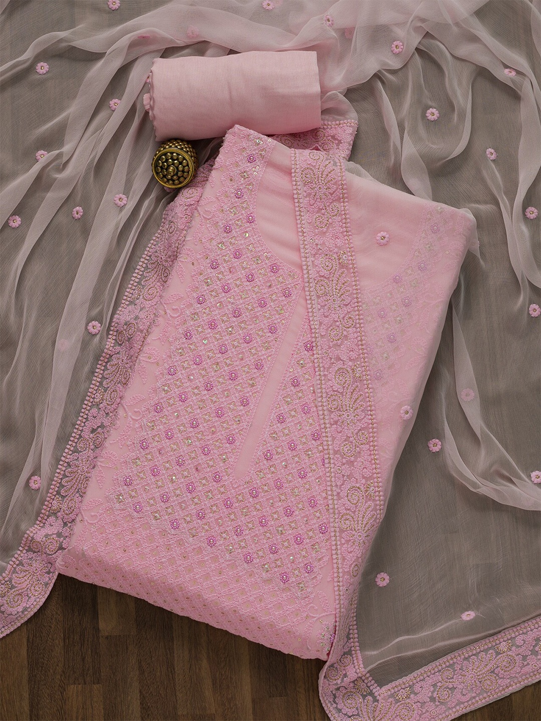 

Koskii Pink & White Embroidered Semi-Stitched Dress Material