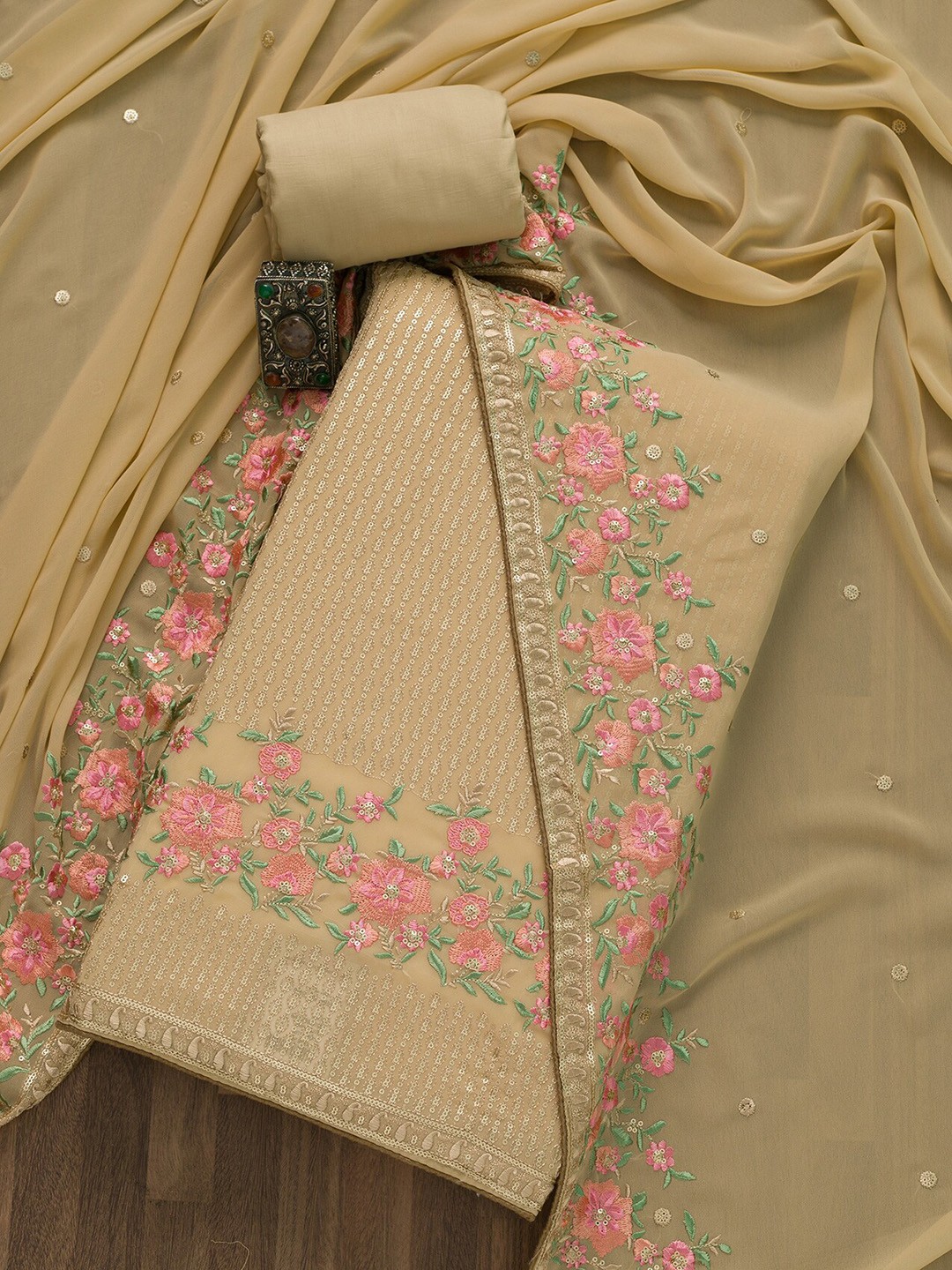 

Koskii Beige & Pink Embroidered Unstitched Dress Material