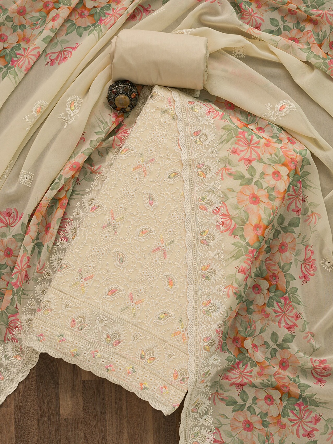 

Koskii Beige & Orange Embroidered Unstitched Dress Material