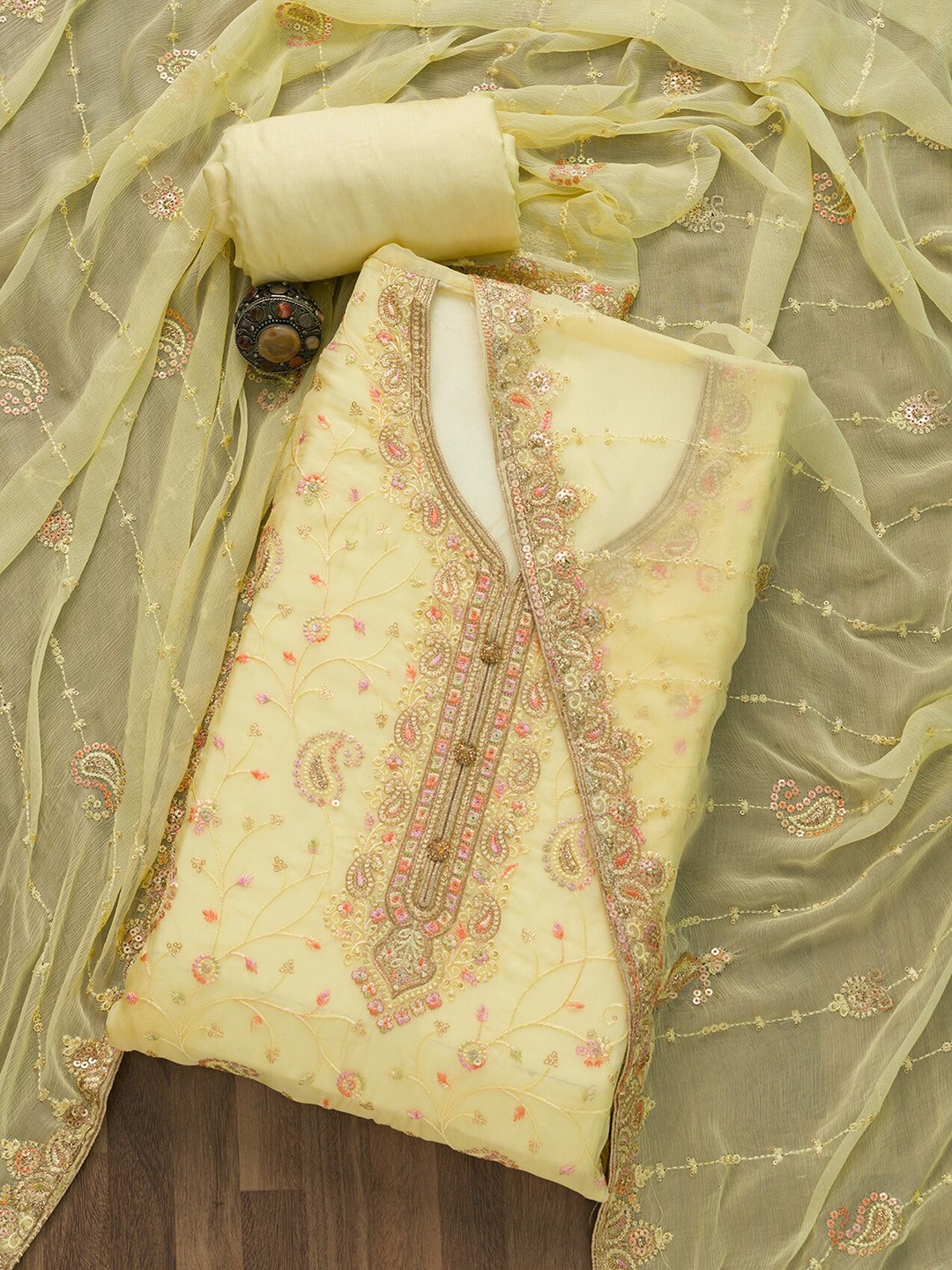 

Koskii Yellow & Gold-Toned Embroidered Unstitched Dress Material