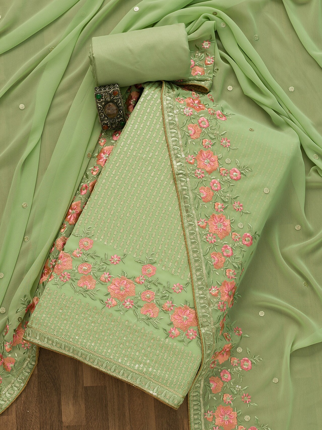 

Koskii Green & Pink Embroidered Unstitched Dress Material