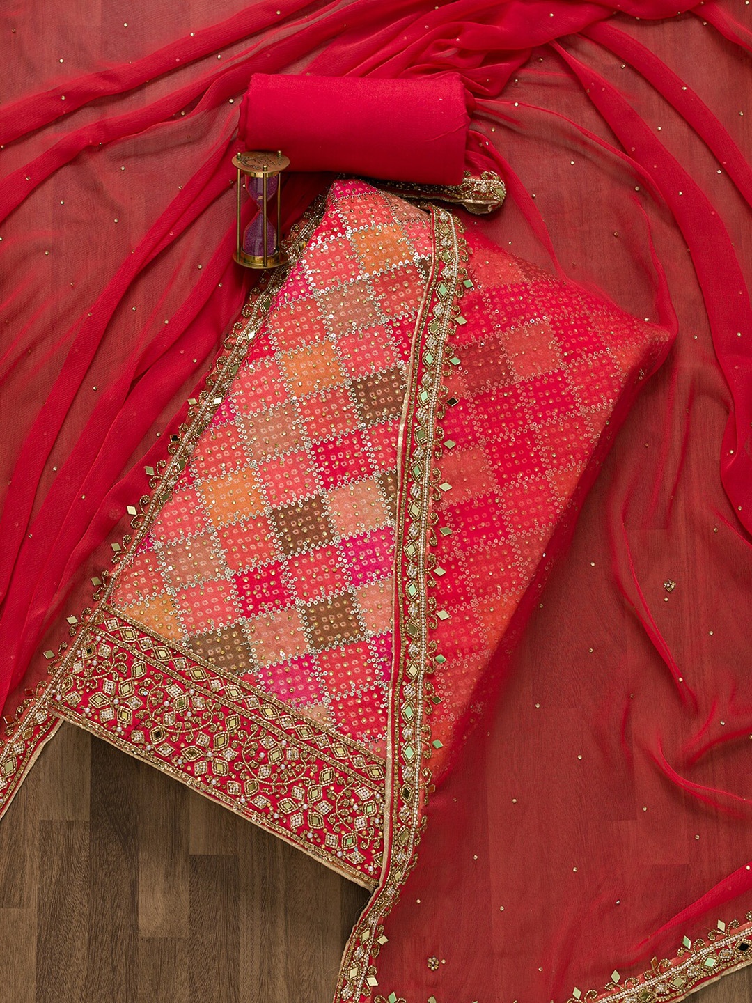 

Koskii Pink & Red Embroidered Unstitched Dress Material