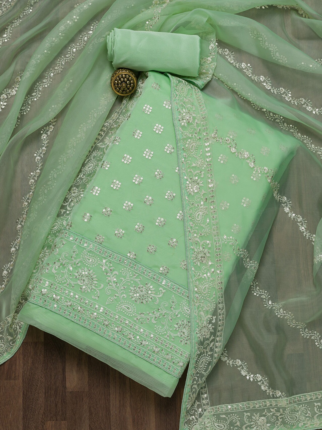 

Koskii Green & Silver-Toned Embroidered Unstitched Dress Material
