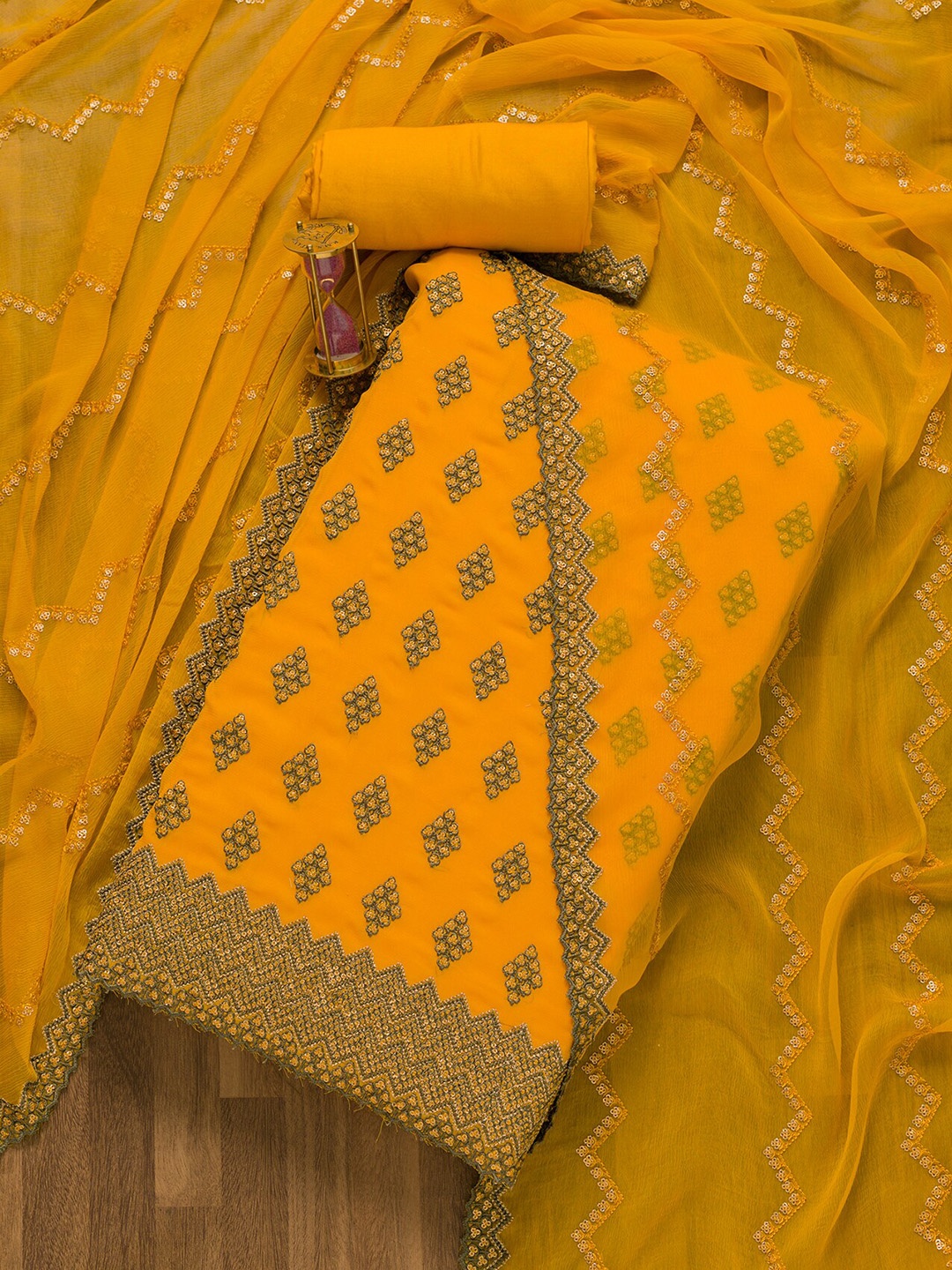 

Koskii Yellow & Grey Embroidered Unstitched Dress Material