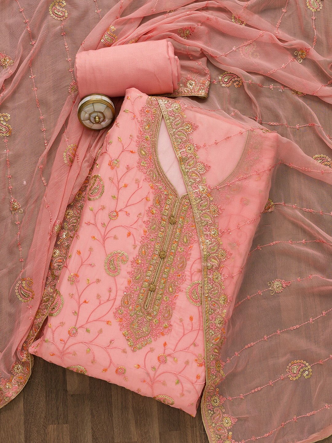 

Koskii Pink & Gold-Toned Embroidered Unstitched Dress Material