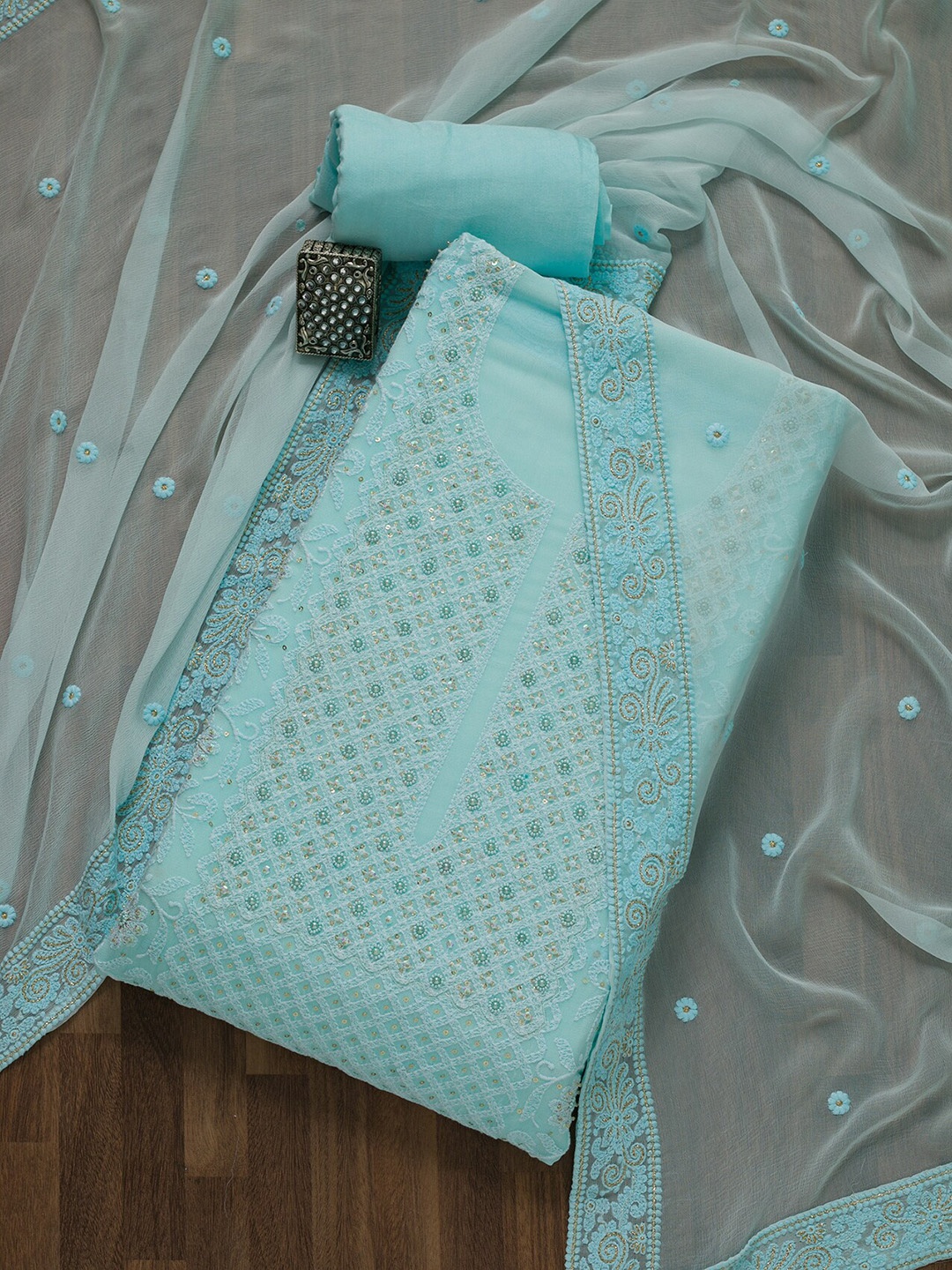 

Koskii Blue & Gold-Toned Embroidered Semi-Stitched Dress Material