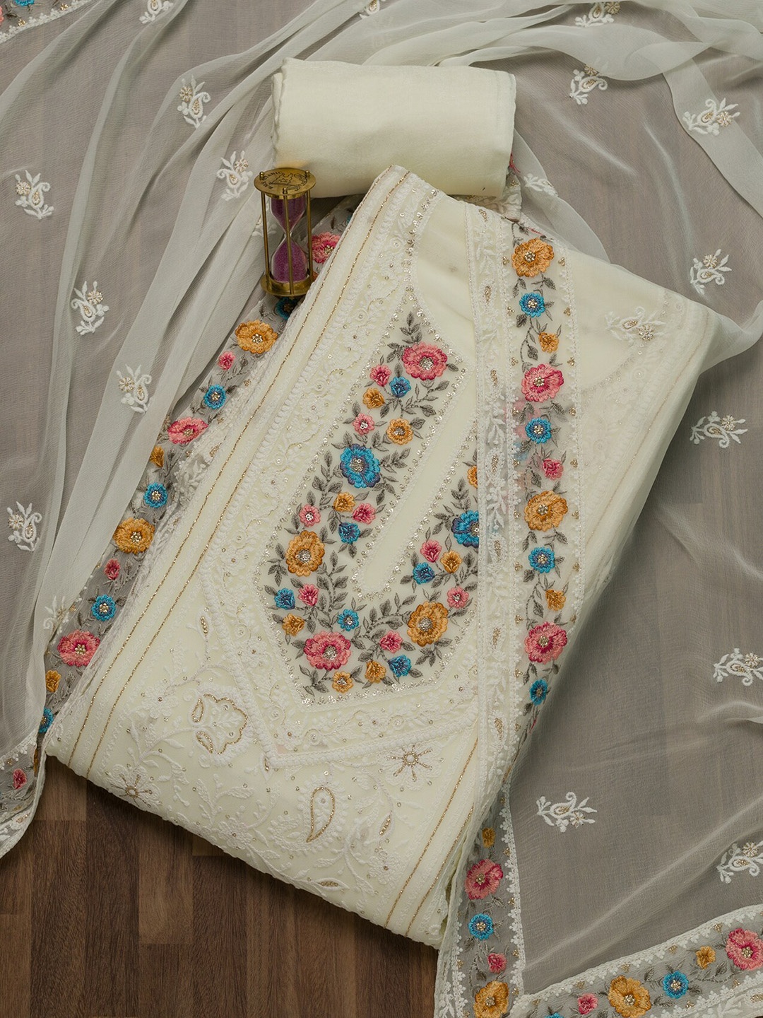 Koskii Cream-Coloured & Yellow Embroidered Semi-Stitched Dress Material