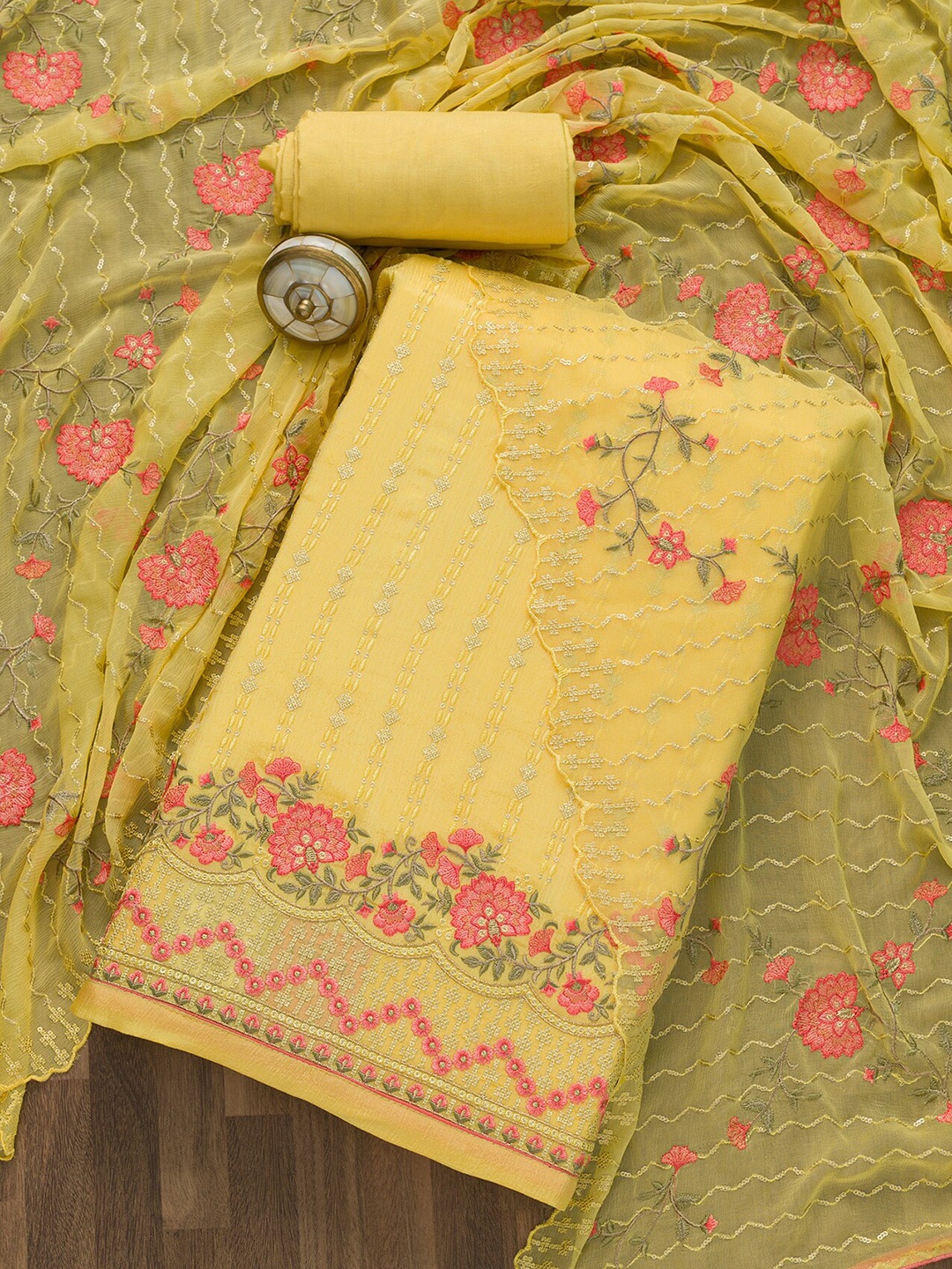 

Koskii Yellow & Pink Embroidered Unstitched Dress Material