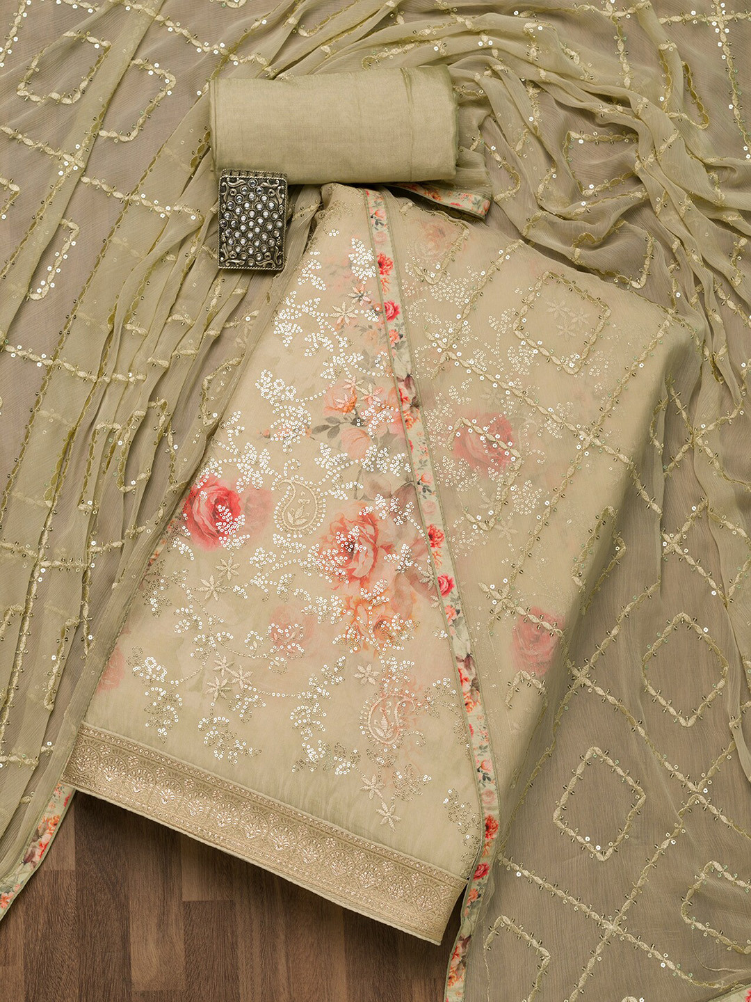 

Koskii Green & Pink Embroidered Unstitched Dress Material