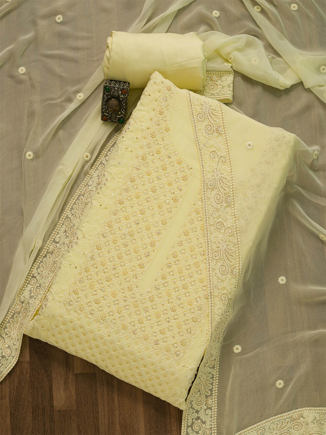 

Koskii Yellow & Gold-Toned Embroidered Unstitched Dress Material