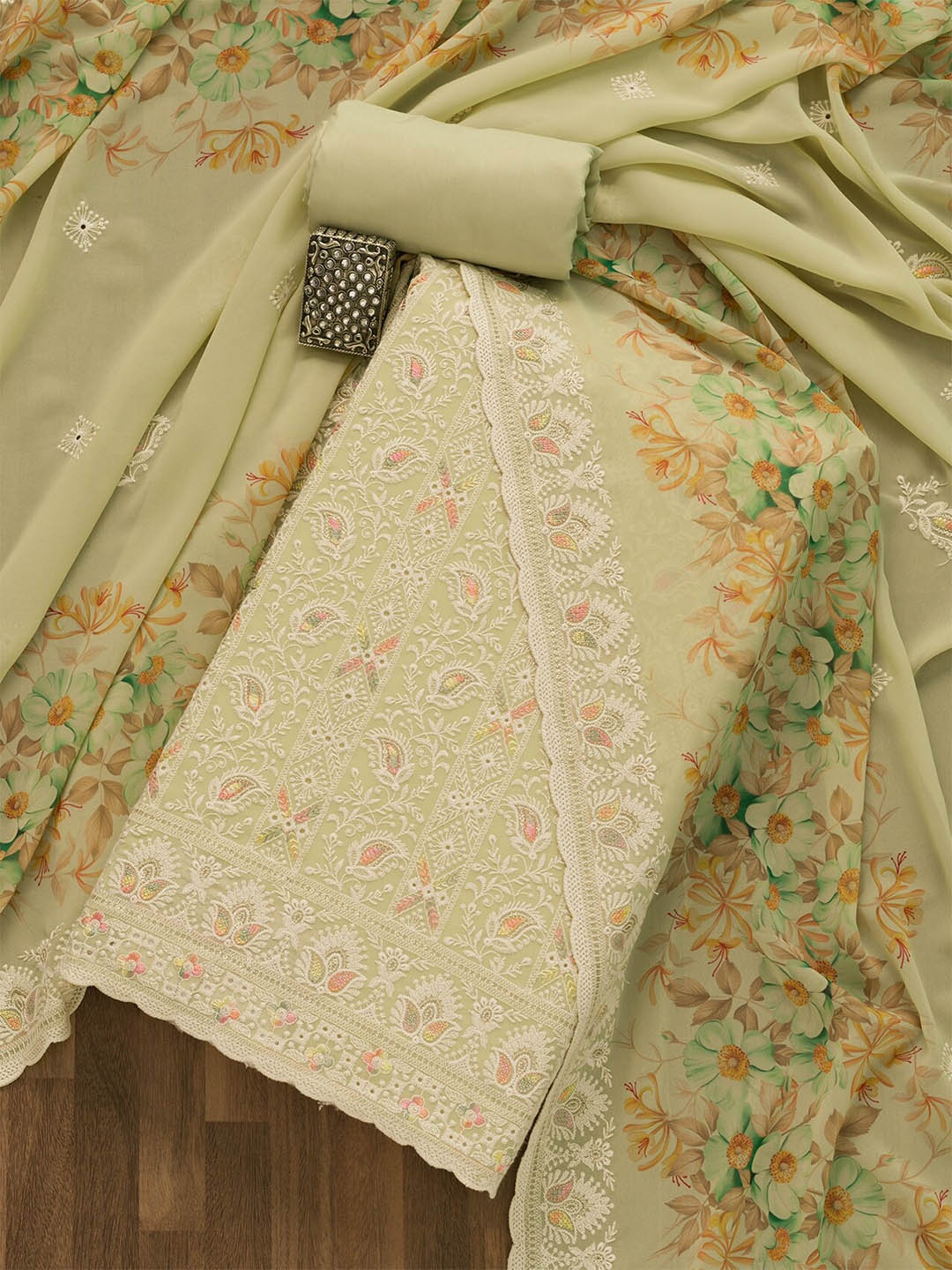 

Koskii Green & Brown Embroidered Unstitched Dress Material