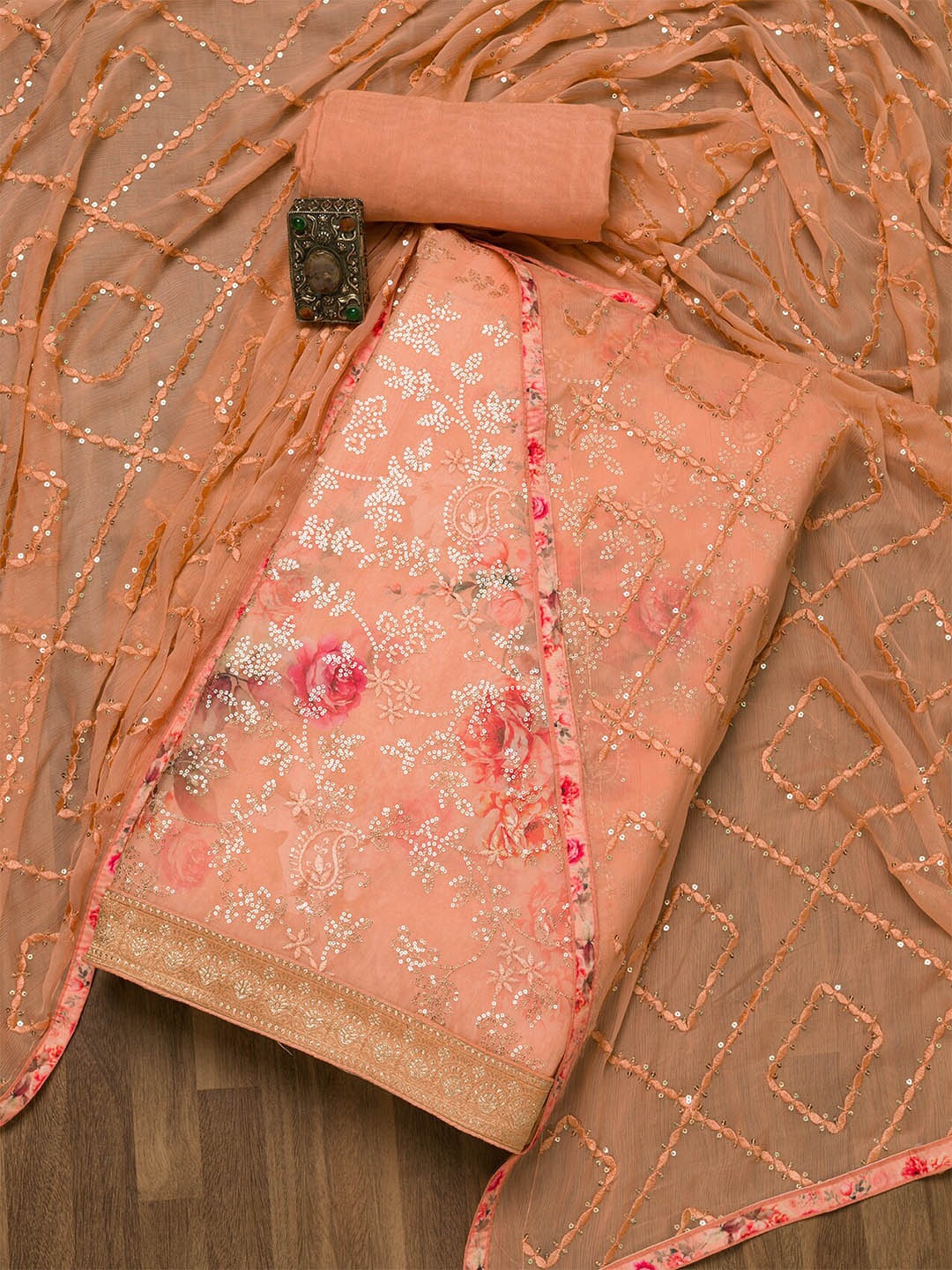

Koskii Peach-Coloured & Pink Embroidered Unstitched Dress Material