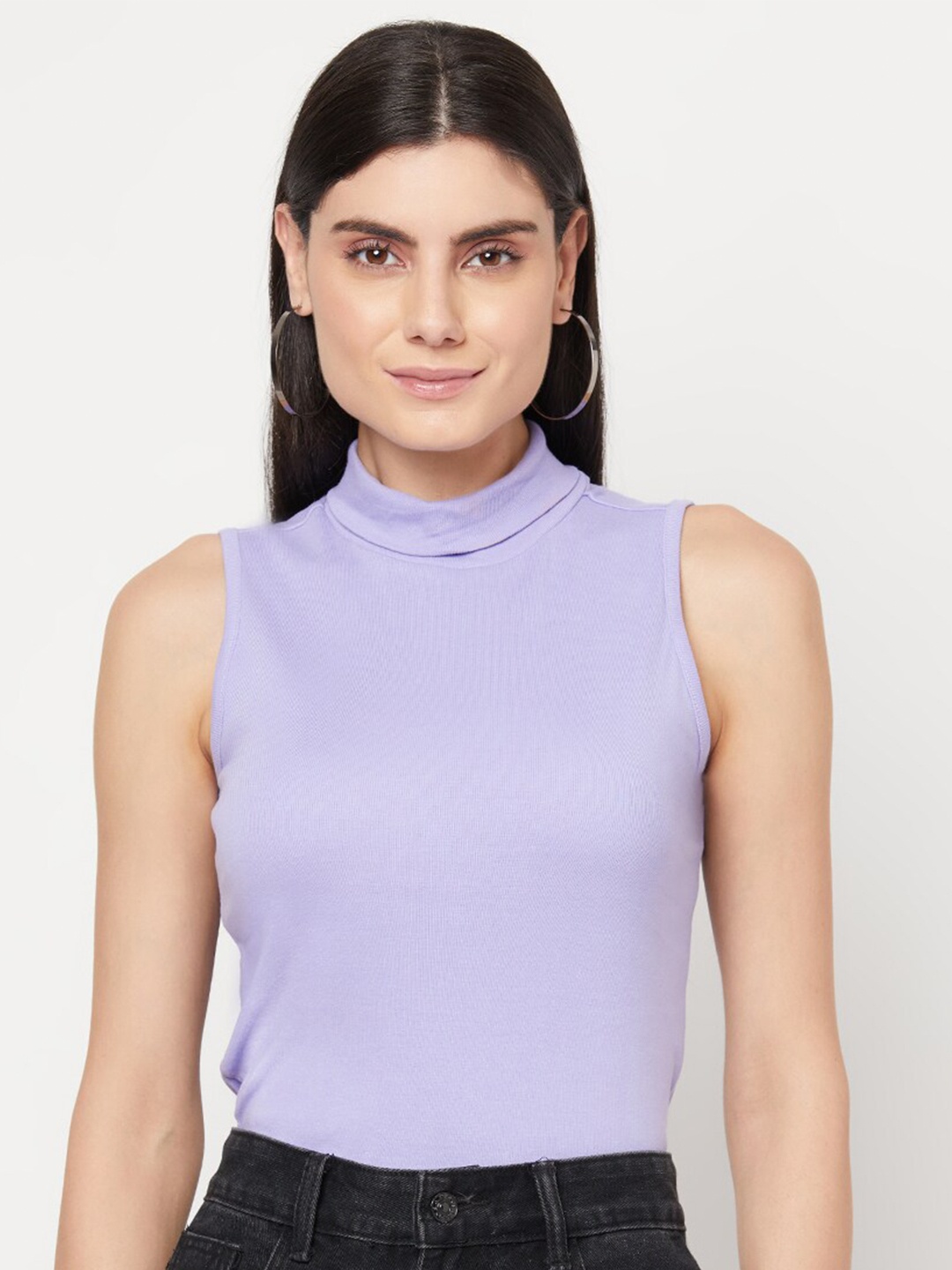 

YOONOY Women Lavender High Neck Rib Top