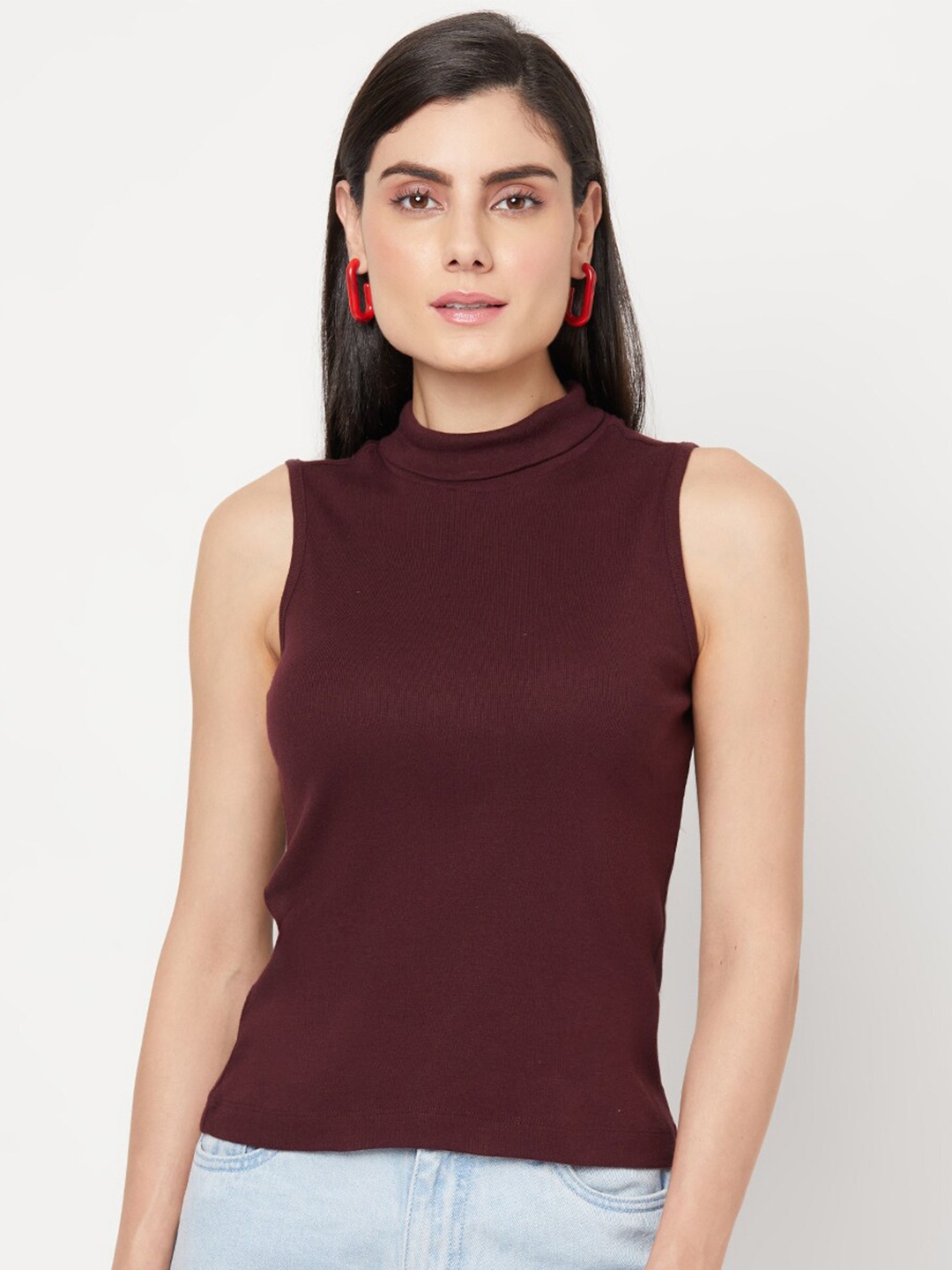 

YOONOY Women Burgundy High Neck Rib Top