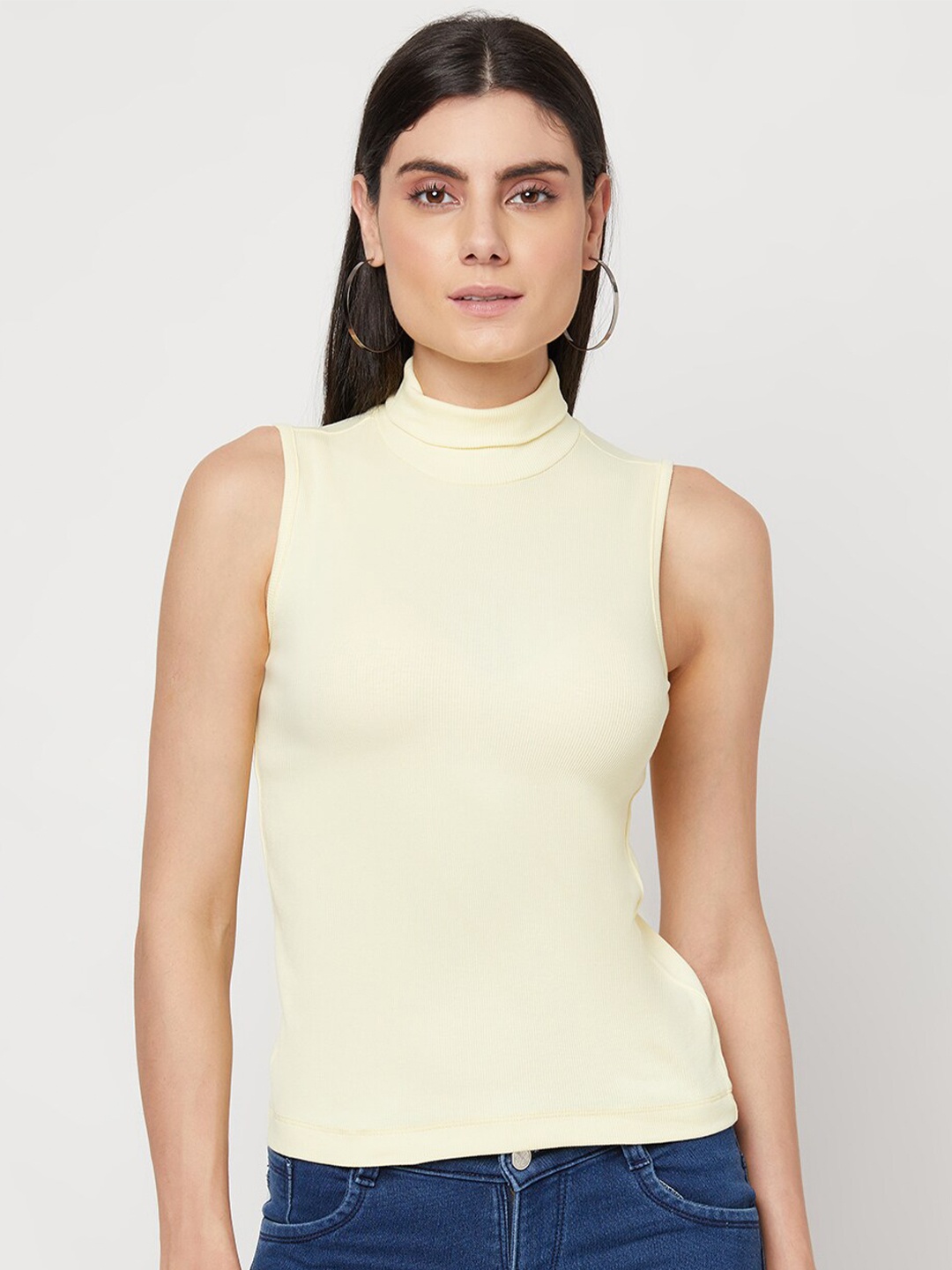 

YOONOY Women Yellow High Neck Rib Top