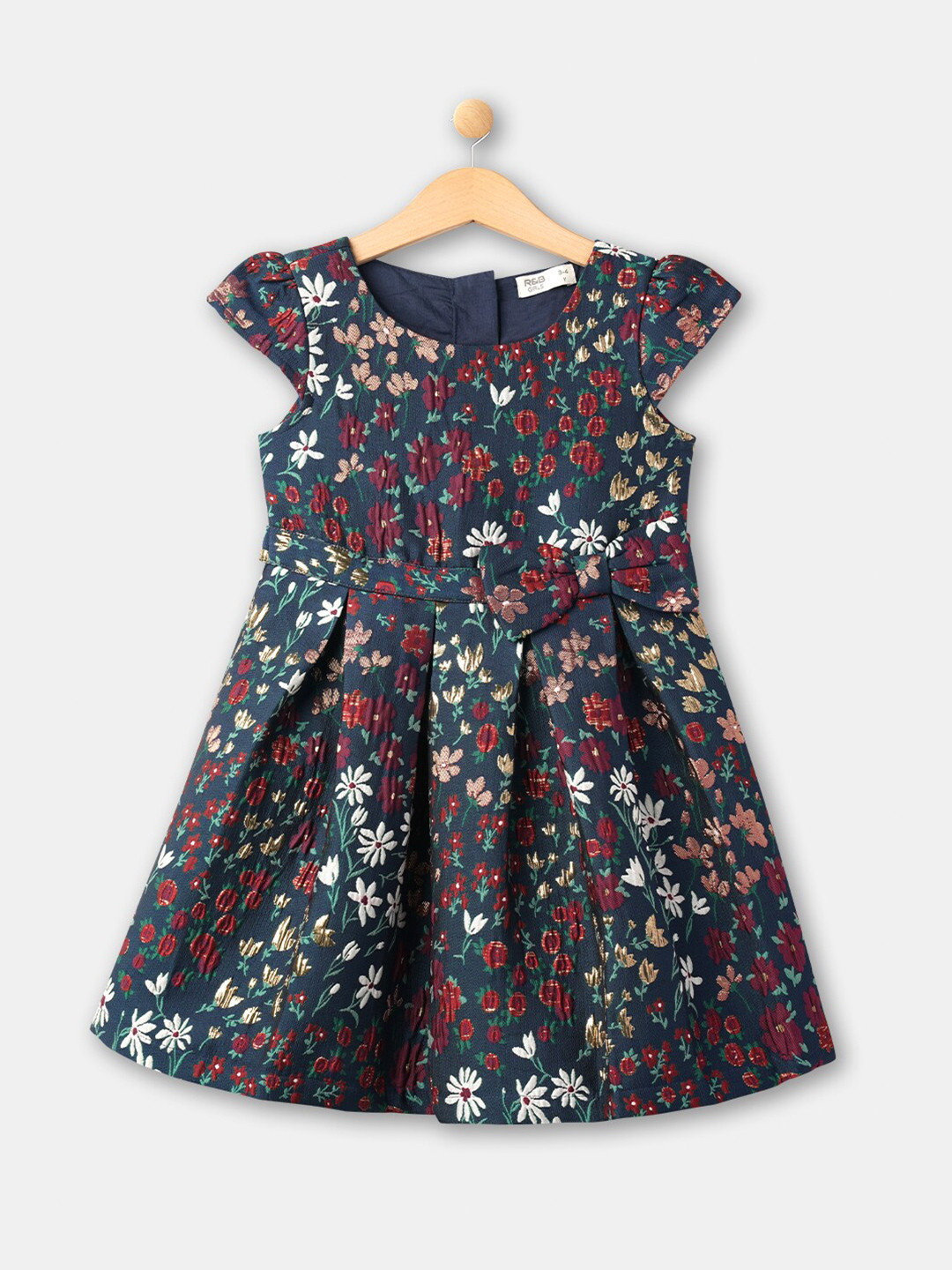 

R&B Navy Kids Girls Blue Floral Cotton Dress, Navy blue