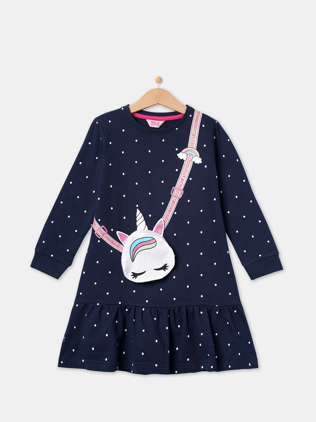 

R&B Navy Blue Kids Girls Printed A-Line Cotton Dress with pouch