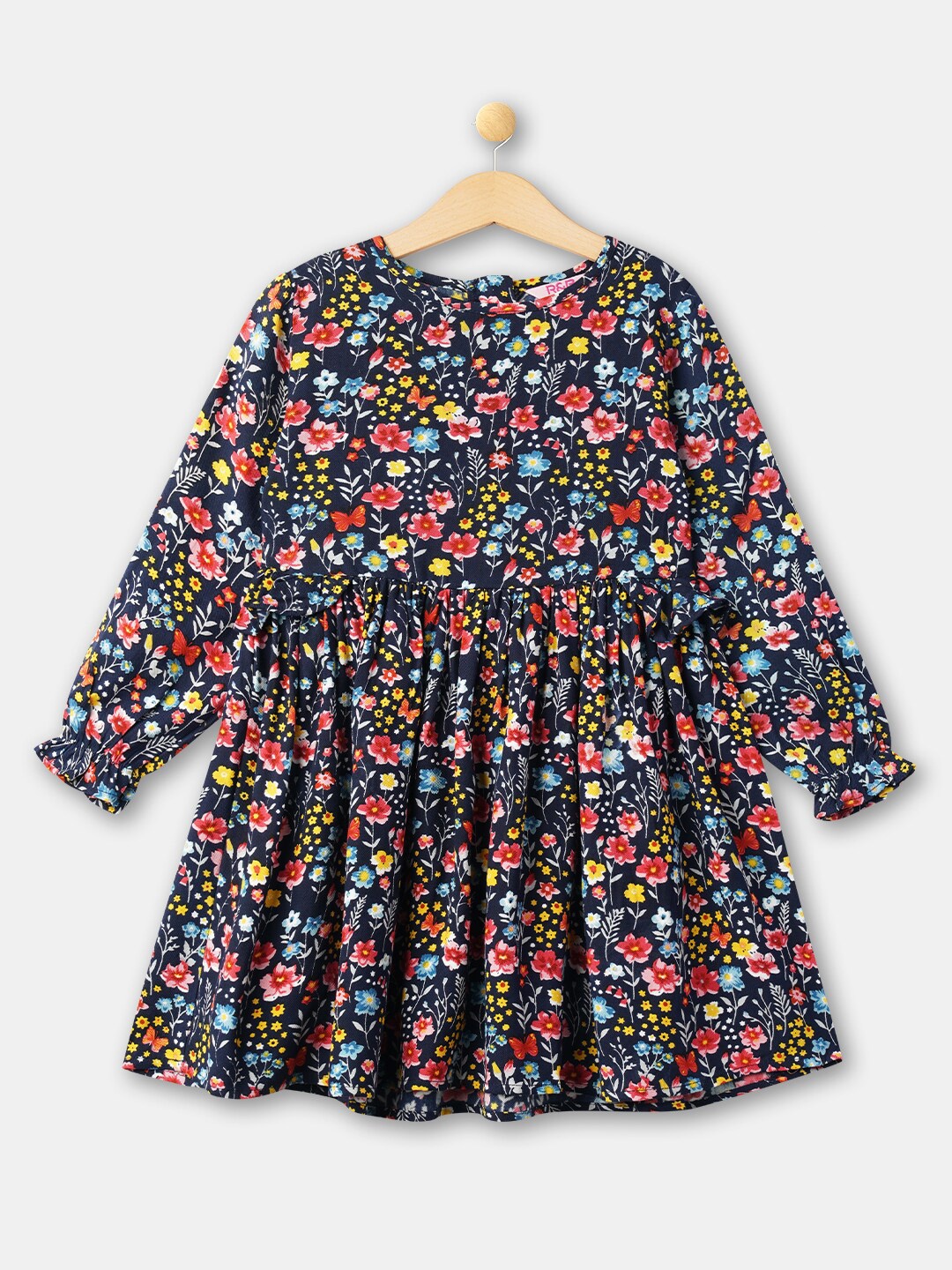 

R&B Girls Floral Printed Puff Sleeves Dress, Black