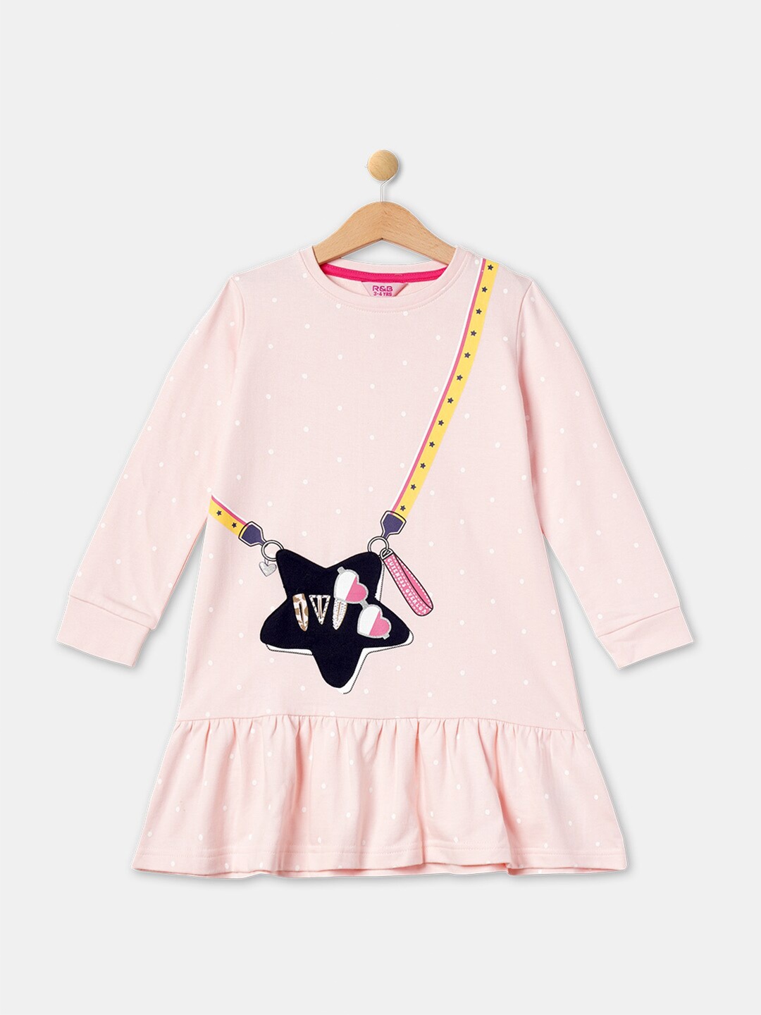 

R&B Pink Girls Polka Dots Printed A-Line Dress, Peach