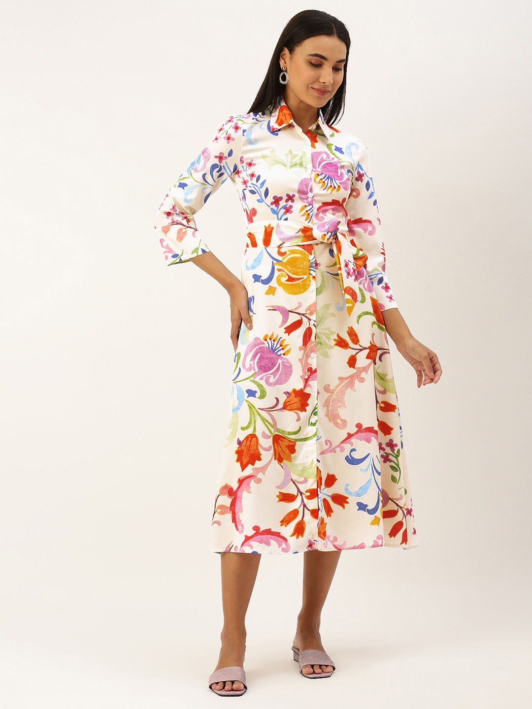 

SHECZZAR White & Blue Floral Print Shirt Midi Dress