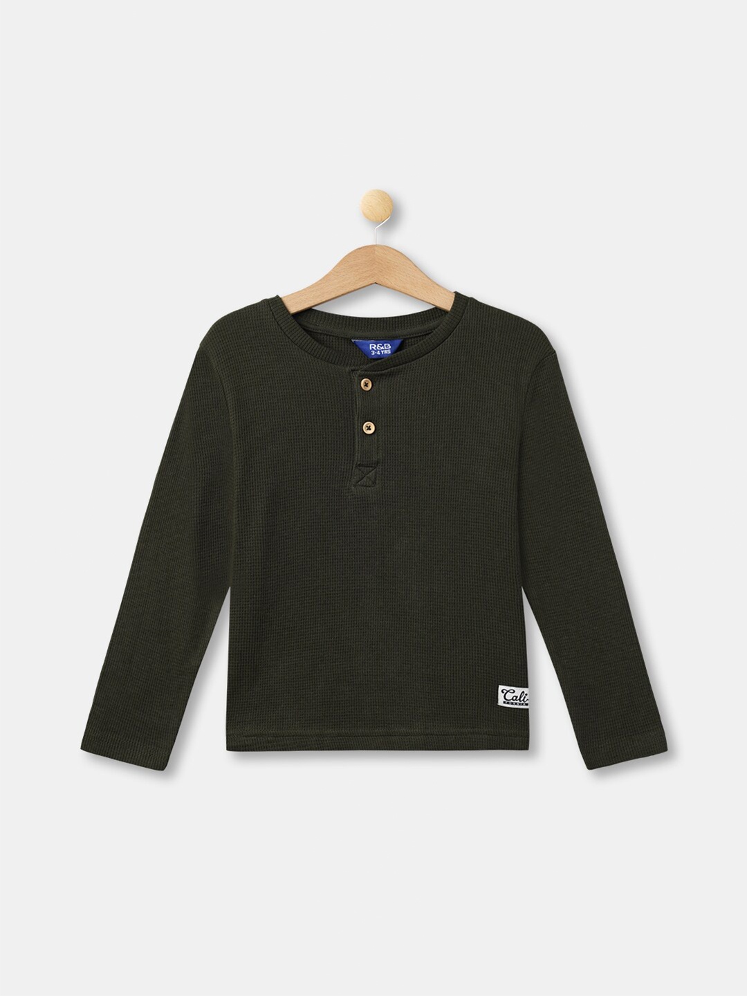 

R&B Boys Olive Green Henley Neck Cotton T-shirt